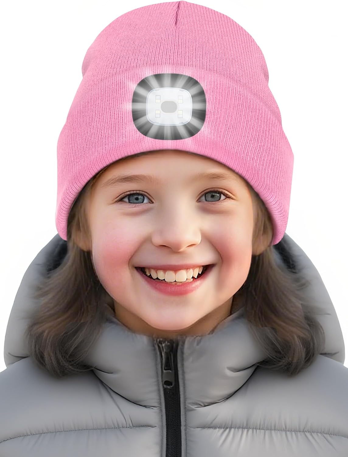ATNKE Led-muts met licht, oplaadbaar, USB 4 led-verlichte loopmuts, extreem heldere lamp, winter, warm gevoerd fleece, gebreide muts voor heren en dames, cadeau, Binnenkant Paars, Eén maat