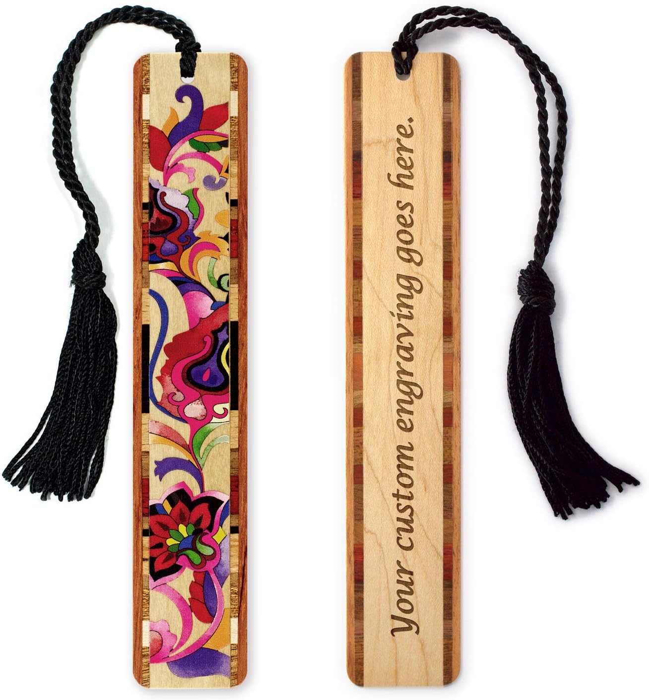 Floral Bright Colorful Flowers Personalized Wooden Bookmark | Bright Floral Design | Handmade Wood Bookmark with Black Collegiate-Style Chainette Tassel | Made in the USA