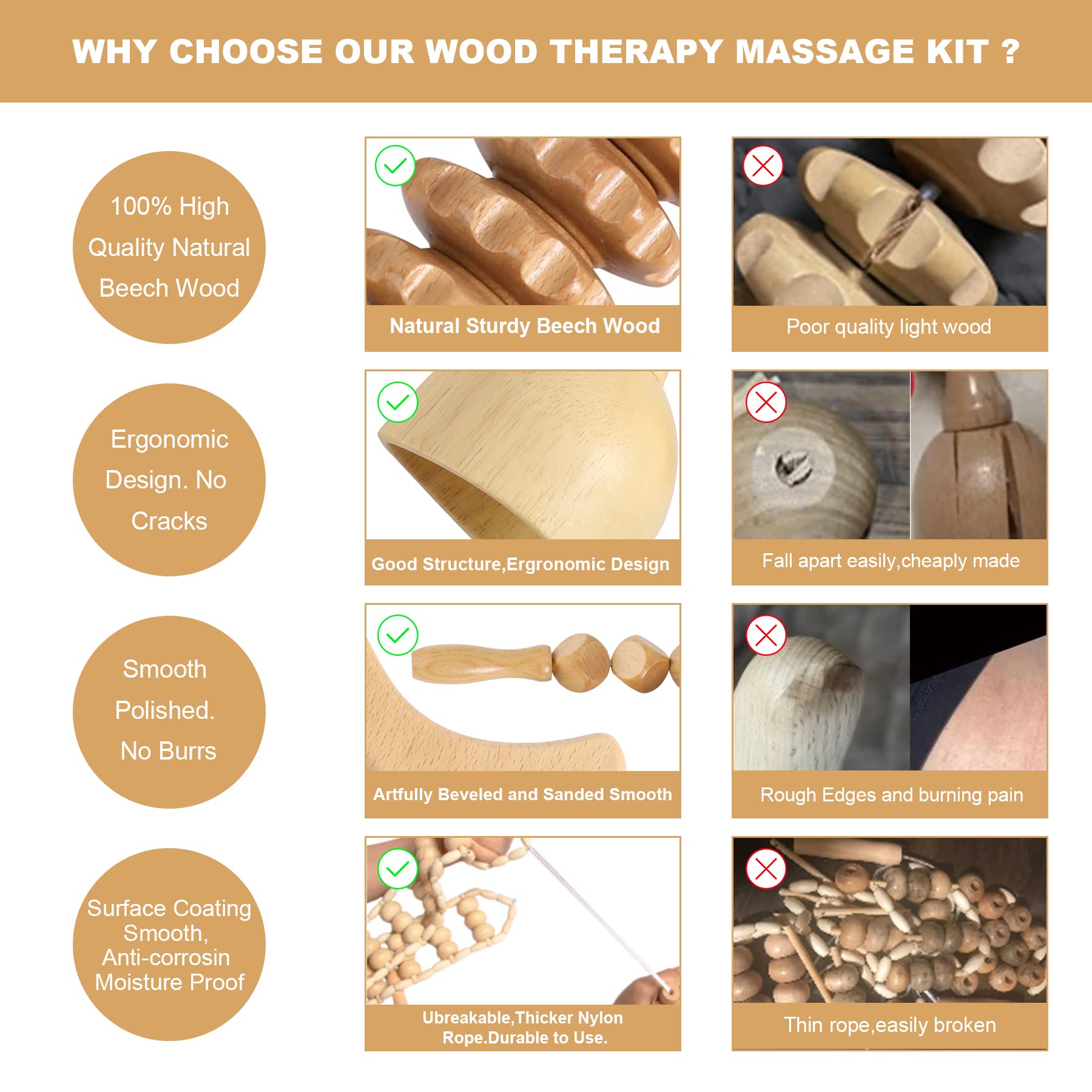 Herramientas de masaje de terapia de madera, kit de maderoterapia para esculpir el cuerpo para drenaje linfático y anticelulitis. Rodillo masajeador de madera para alivio del dolor muscular y espalda