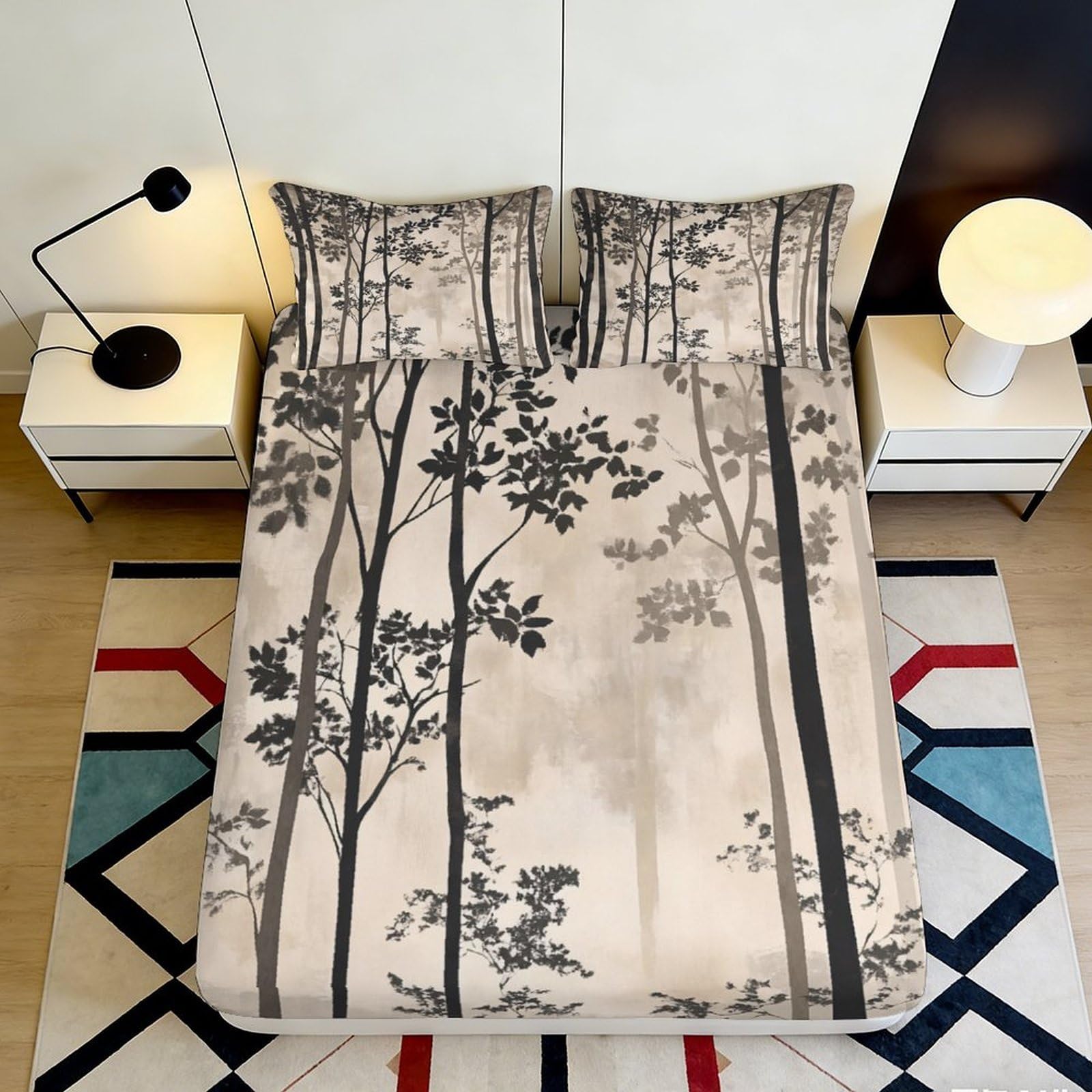 3D Printed Forest Tree Fitted Sheet Microfiber Soft Breathable Woodland Bed Cover for Bedroom Guest Room Decor 90x200x25cm