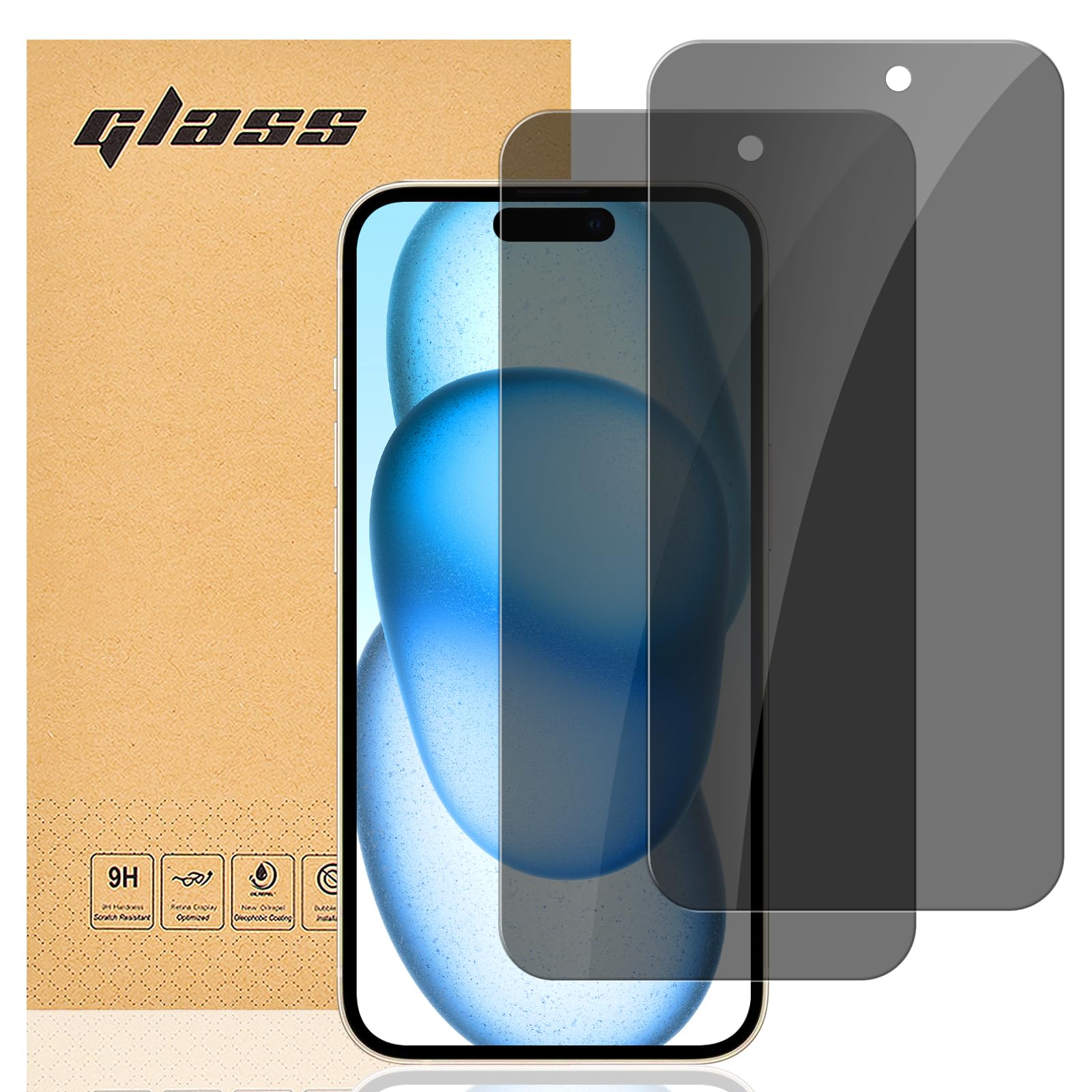 gueche Protector Pantalla de Privacidad para iPhone 15 Plus, iPhone 16 Plus and iPhone 15 Pro max, Antiespia Cristal Vidrio Templado con Marco de Instalación Fácil, 2 Unidades