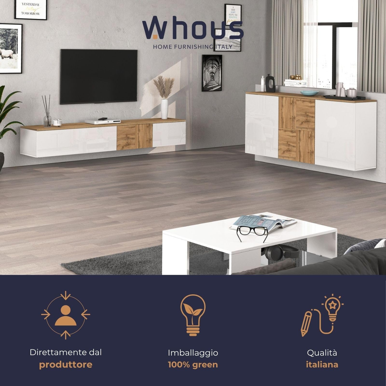 WHOUS Mobile Porta TV Sospeso ISEO per Soggiorno con 2 Ante e 1 a Ribalta, Mobile Tv a Parete per Salotto, 200x35x30 cm, Bianco Lucido e Rovere
