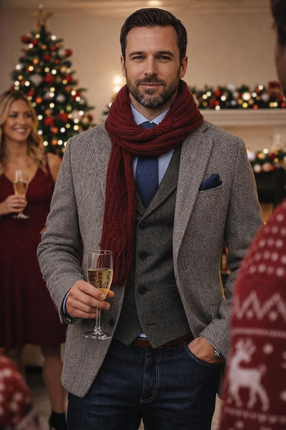 Men's Herringbone Tweed Blazer Wool Blend Tailored Fit Single Breasted Two Button Suit Jacket Business