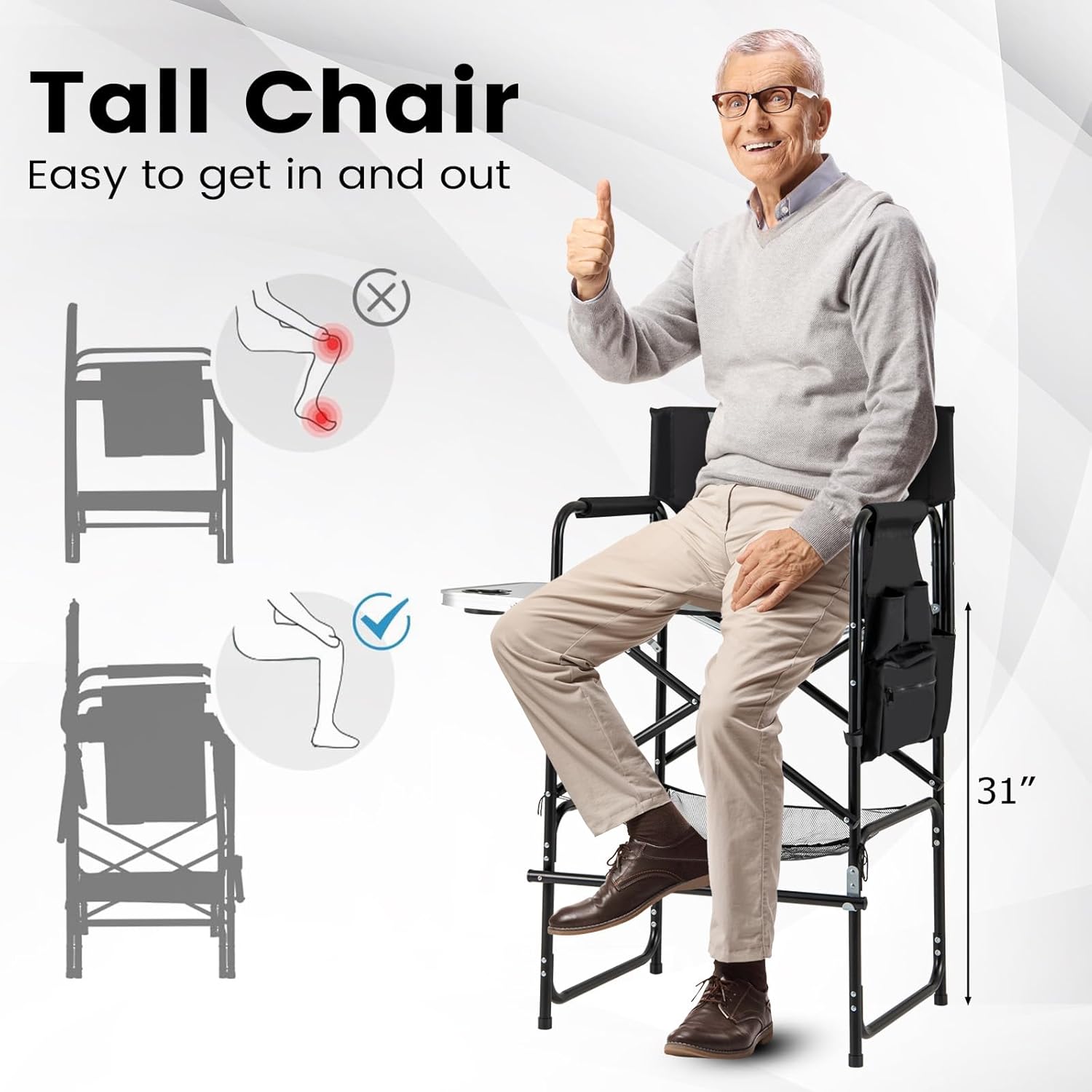 Giantex 46-Inches Tall Directors Chair, Folding Camping Chair with 31" Seat Height, Side Table, Cup Holder, Footrest, Mesh Bag, Storage Pocket, Foldable Bar Stool for Makeup Artist, Lawn, Picnic, Yard