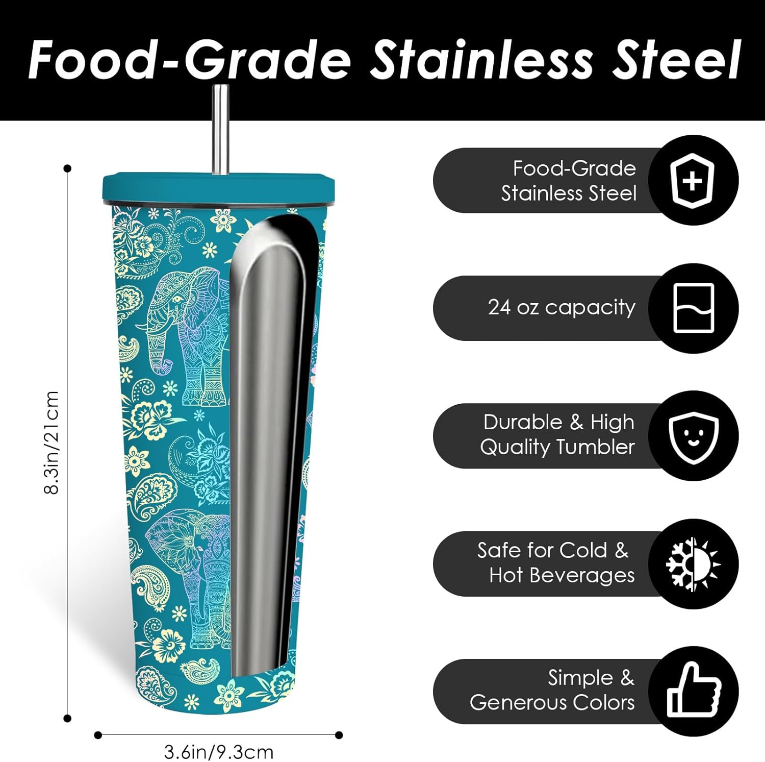 Elephant Tumbler 24oz, Travel Insulated Stainless Steel Tumbler Keeps Drinks Cold & Hot, Double Wall Vacuum, Elephants Gifts for Women Girls Coffee Travel Mug Cup Gift for Birthday Christmas - Image 9