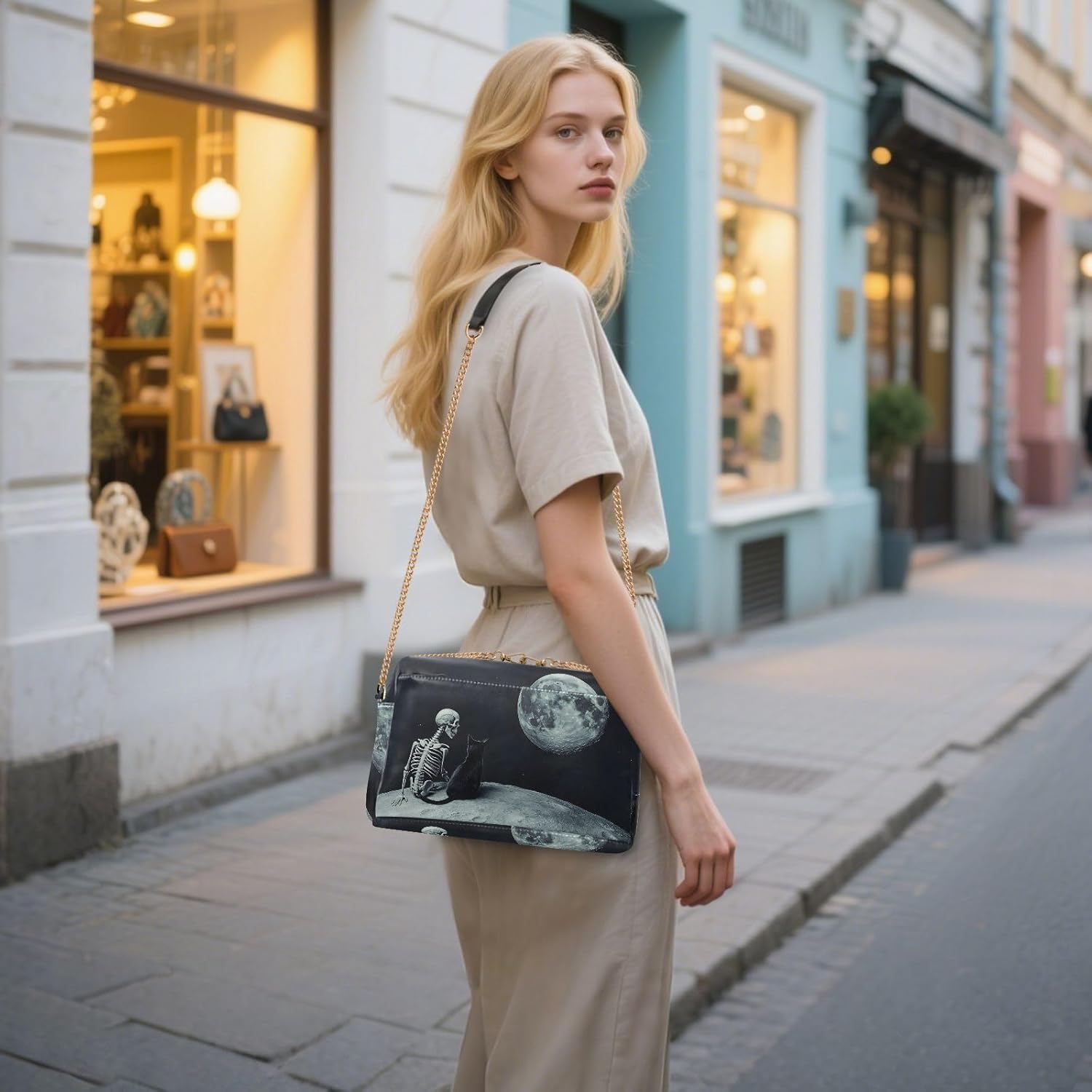 Women Crossbody Bag Shoulder Handbag Cellphone Purse PU Leather Metal Chain Strap Water Resistant Zipper Closure Skull at Moon Print