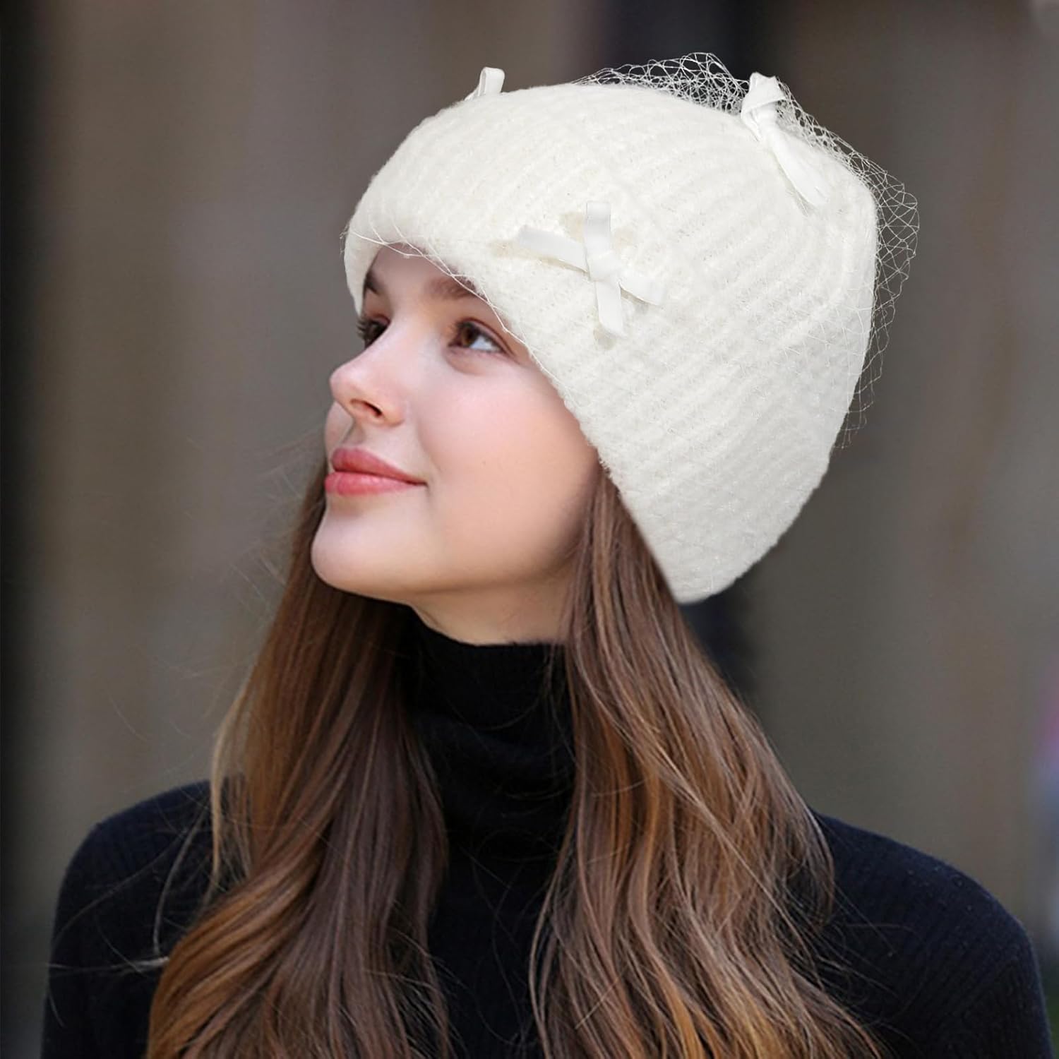 Winter Knit Beanie Hat for Women Warm Knit Cuffed Skull Caps with Veil Bowknot Soft Warm Ski Hat