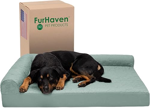 Miniatura 17 de Furhaven - Cama para perro de espuma ortopédica, estilo caja de huevos, estilo diván en forma de L, de felpa y estampado de almendras, almendras