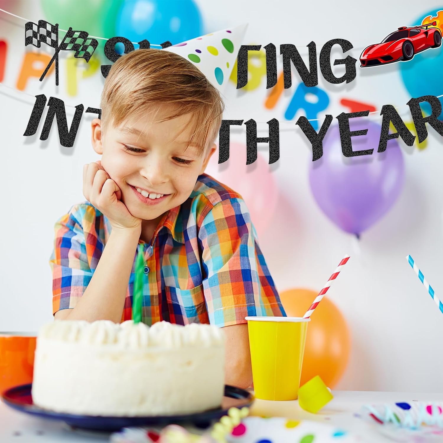 Flag Racing Cars Theme Fifth Birthday Banner, Shifting Into 5th Birthday Banner Decor Supplies for Boys, Cars Themed Birthday Party Decorations for Hanging Indoors & Outdoors