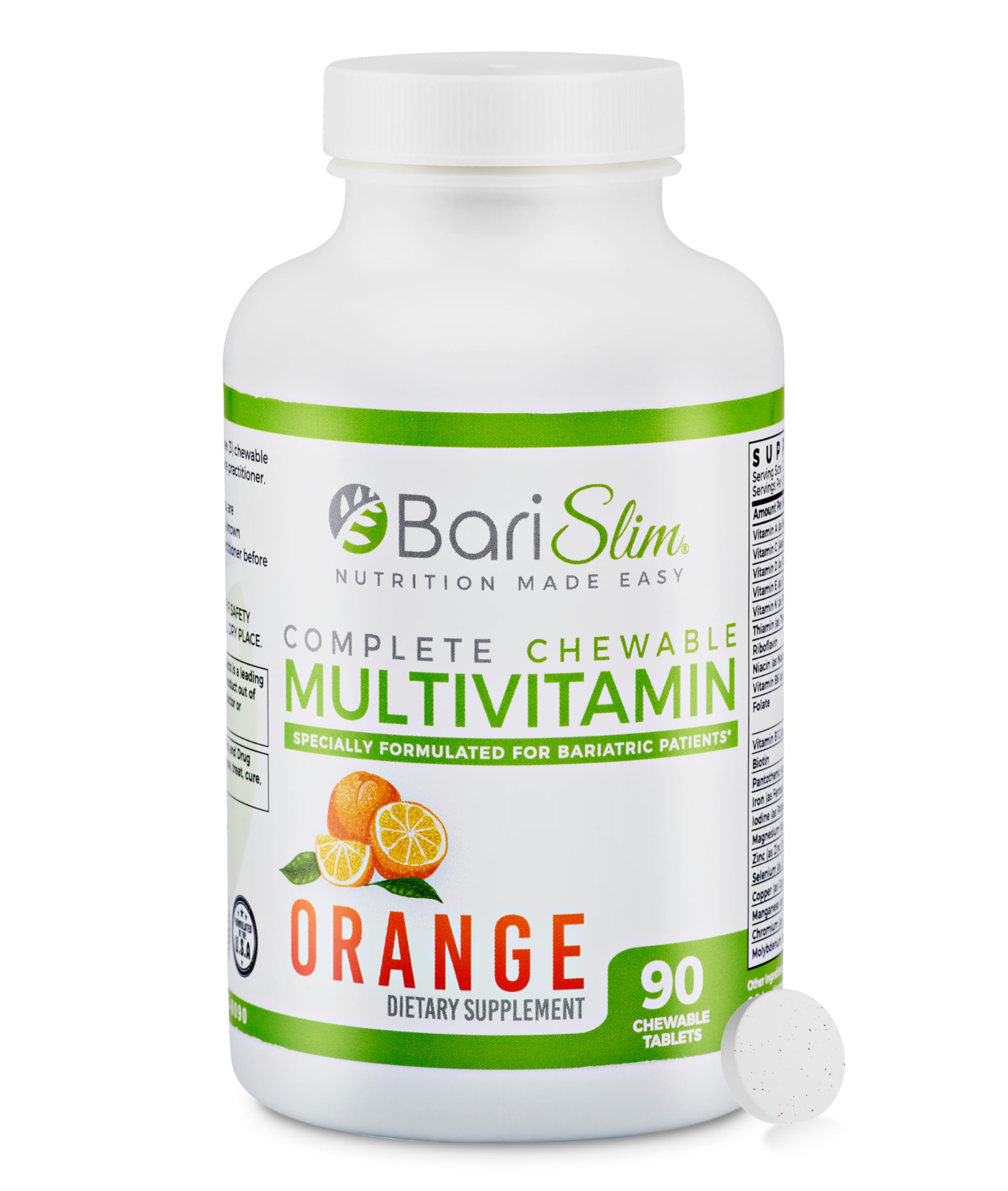 BariSlim Complete Chewable Bariatric Multivitamin Tablets - 45 mg Iron Bariatric Vitamin & Supplement for Post Bariatric Surgery Including Gastric Bypass & Sleeve - Delicious & Convenient | Orange