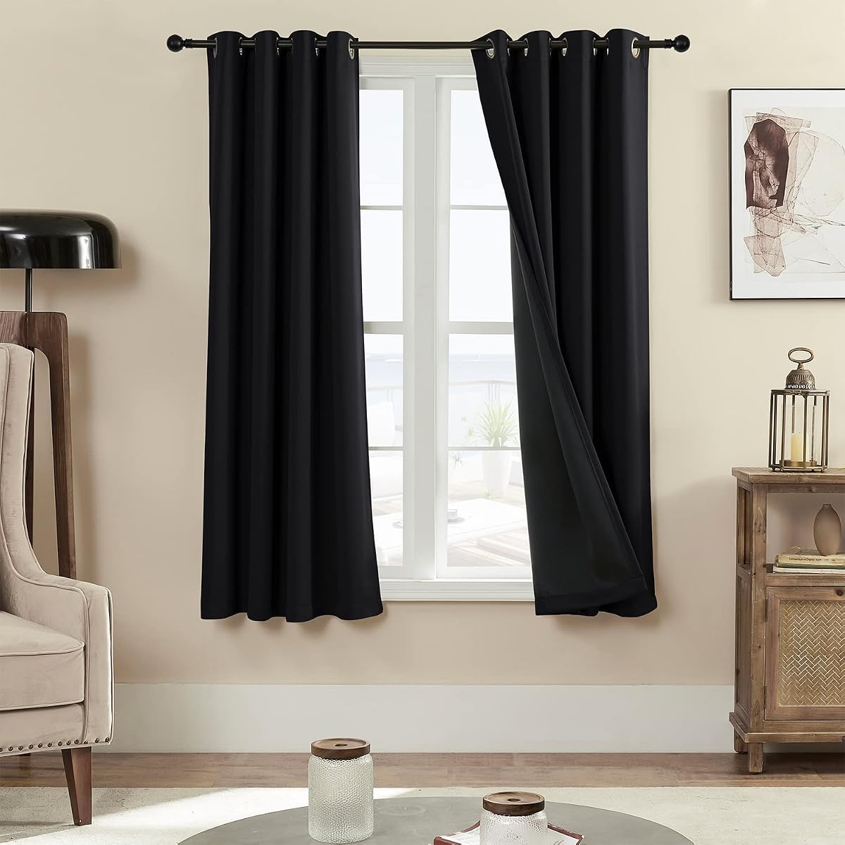 Rutterllow Cortinas Opacas 100% para Dormitorio y Salón 2 Paneles | Cortinas con aislamiento térmico, oscurecimiento de la habitación, bloqueo total del calor y la luz con ojales, negro, 52 x 63 pulgadas