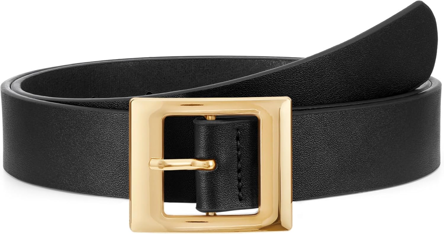 WHIPPY Women Fashion Leather Belt for Jeans Pants Dress Ladies Black Belts with Square Gold Buckle