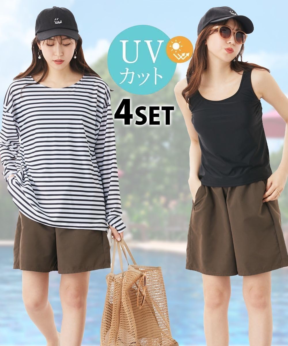 [ニッセン] レディース 水着･オーバーウェア 【4点セット】 ラッシュガード（指穴付き）・パンツ付きタンキニ水着