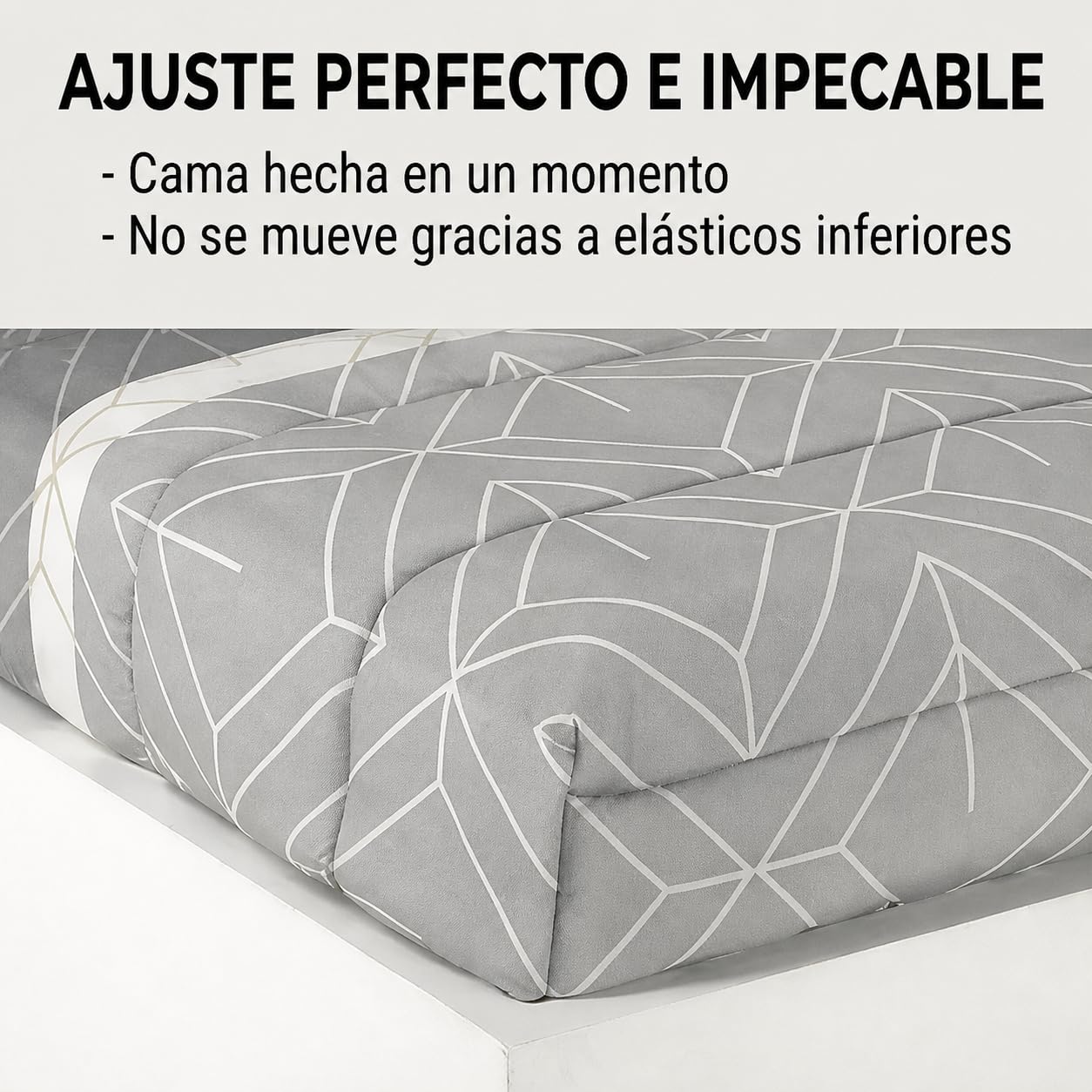 Edredón Ajustable DOLI Geométrico Gris Lanovenanube Cama 200 Microfibra | Estampado geométrico gris y dorado, tacto melocotón 250 g, ajuste al colchón. Largo 190/200 cm. Fabricado en España