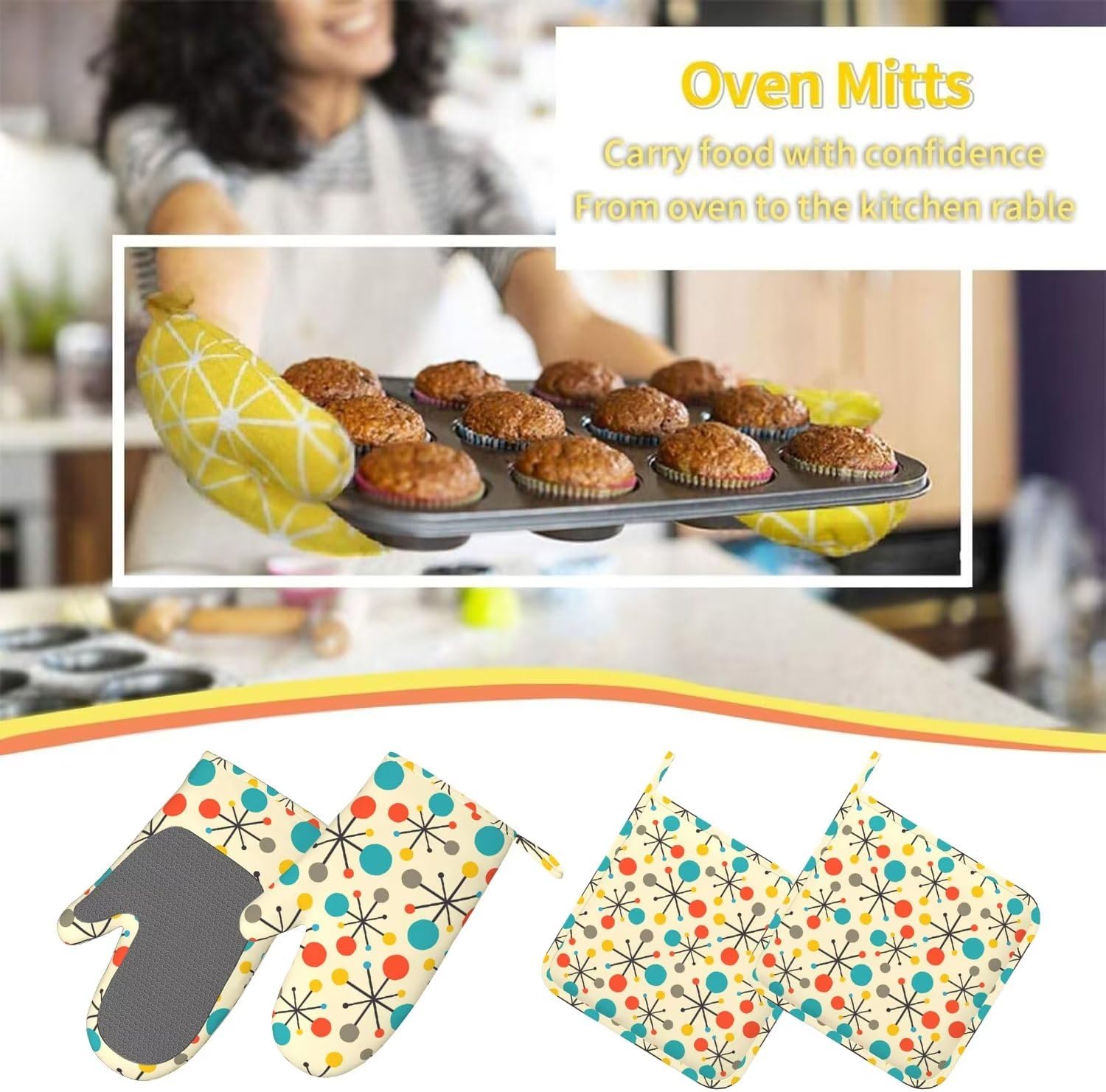 Lot de 5 gants de cuisine et maniques en silicone antidérapants résistants à la chaleur pour le milieu du siècle des années 50