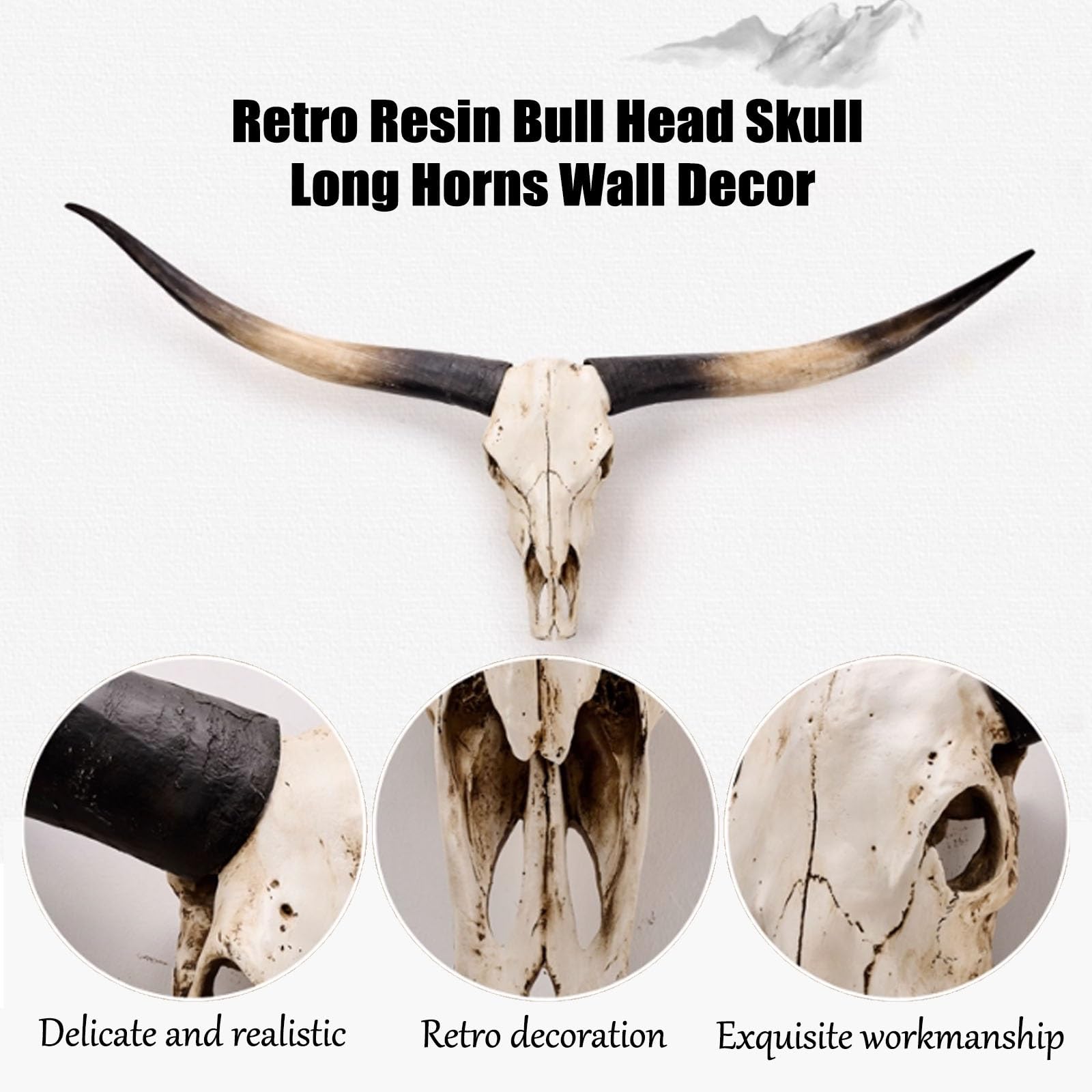 Decoración de pared de calavera de toro de cuerno largo sintético con cuernos montados para decoración medieval de entrada