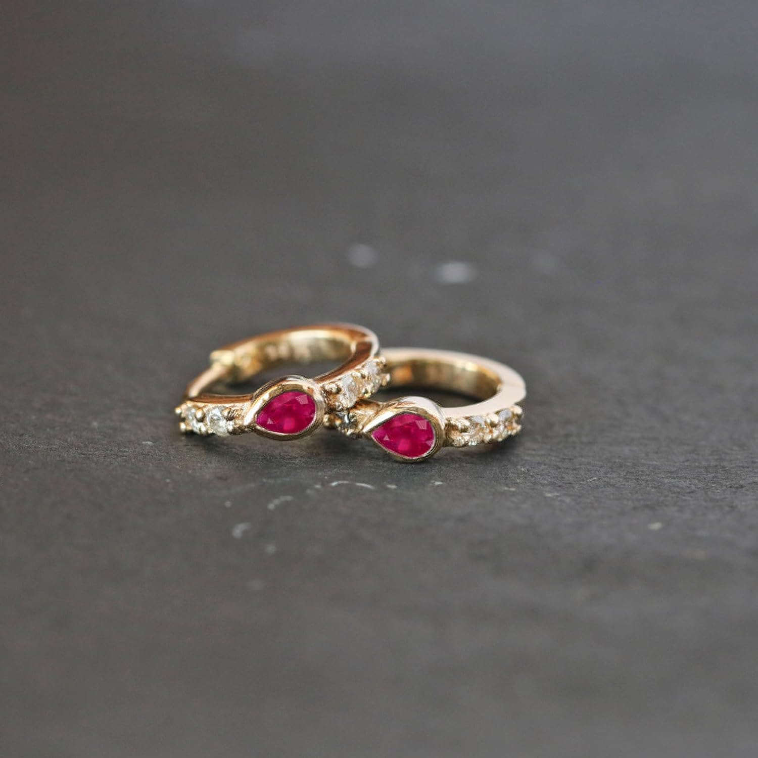 3x2mm Solitaire Pear Natural Ruby & Side Diamond Mini Hoops Earrings, 9k, 14k & 18k Gold (Pair), pink