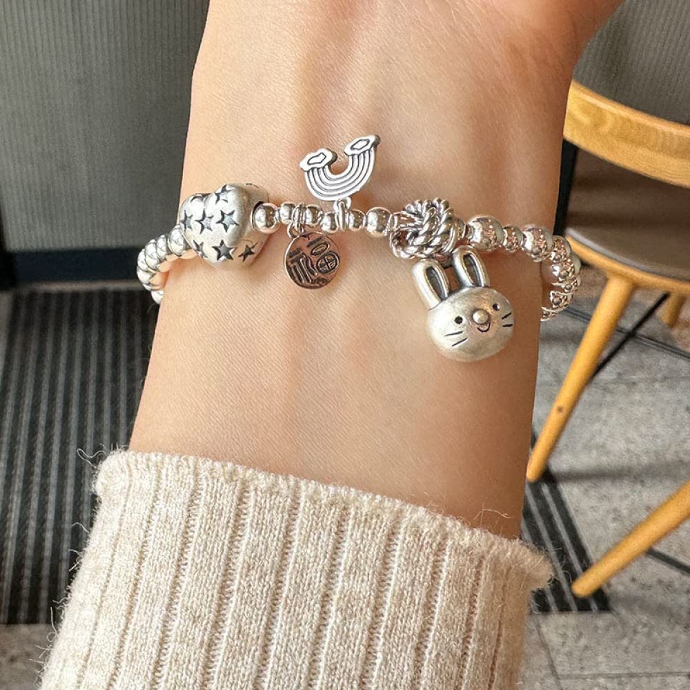 LYGXWJFC Sterling Silber Armband, Vintage Sterling 925 Silber Armband für Frauen Hase Regenbogen Anhänger Silber Armband Armreif mit elastischer Silberkette Glücksschmuck für Frauen
