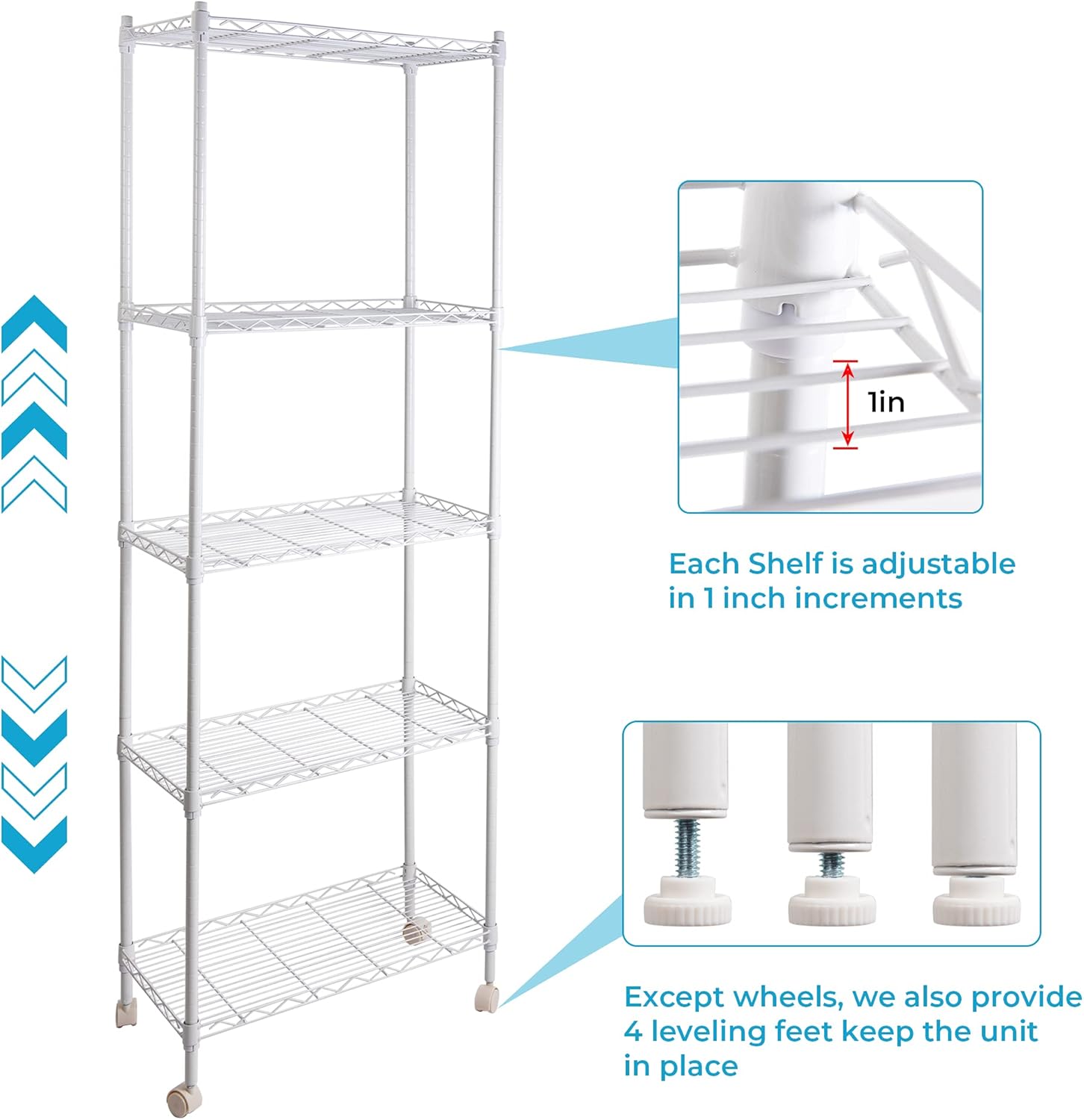 Wire Shelving Unit with Wheels, 5-Tier Heavy Duty Height Adjustable Rolling Metal Shelves for Storage, 550 lbs Capacity, 23.23''W X 13.4''D X 71''H, White