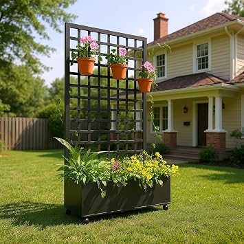 Metal Planter Box, with Square Lattice Trellis Planter Box, 72"x47" Galvanized Raised Garden Bed on Wheels, Garden Bed with Trellis, for Climbing Plants, Black