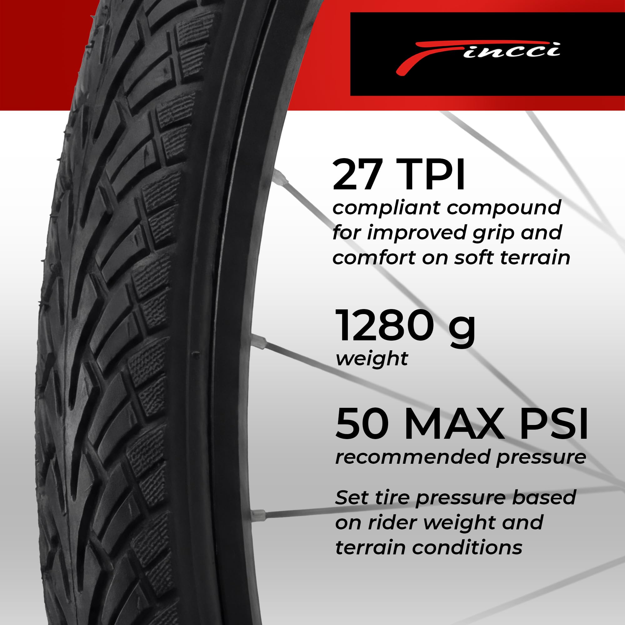 Fincci Pneu 26x1.95 50-559 Pliable avec Protection Anti-Crevaison 3mm | Pneu Velo 50-559 26x1.90 avec 27 TPI et Pression Maximale 50 PSI pour une Protection Renforcée - Lot de 2