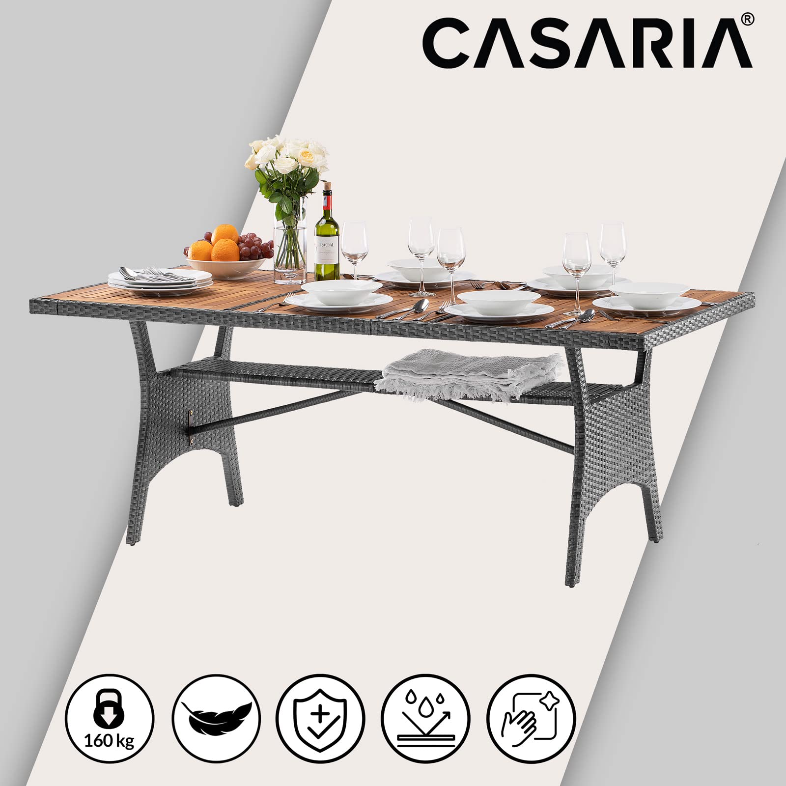 Casaria Tavolo da Giardino in Polyrattan Ripiano in Legno di Acacia 190x90x74cm Regolabile in Altezza per Esterno Pranzo Terrazza