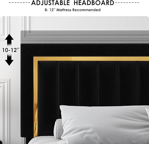 Miniatura 4 de HITHOS Marco de cama tamaño Queen con cabecera ajustable copetuda plataforma tapizada de terciopelo con borde dorado base de colchón resistente con