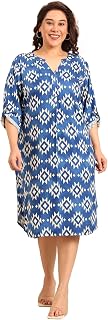 The Pink Moon Women's Plus Size Ikat Print Midi Dress, Viscose Rayon, Collared Neck, 3/4 Sleeve Price In India