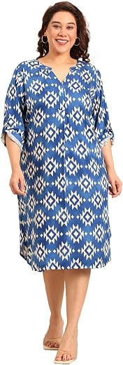 The Pink Moon Women's Plus Size Ikat Print Midi Dress, Viscose Rayon, Collared Neck, 3/4 Sleeve