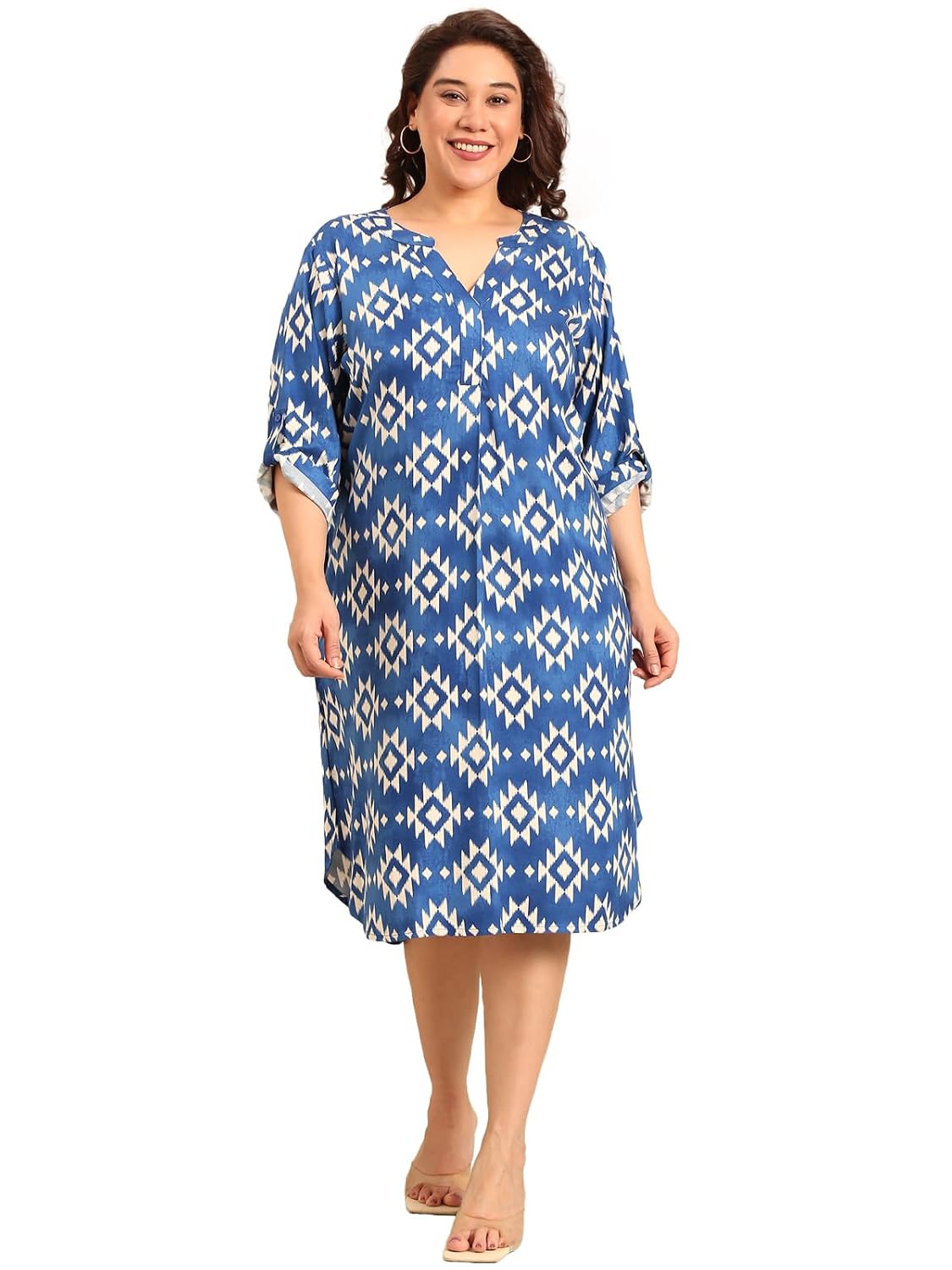 The Pink Moon Women's Plus Size Ikat Print Midi Dress, Viscose Rayon, Collared Neck, 3/4 Sleeve - Review, Price and Buying Guide