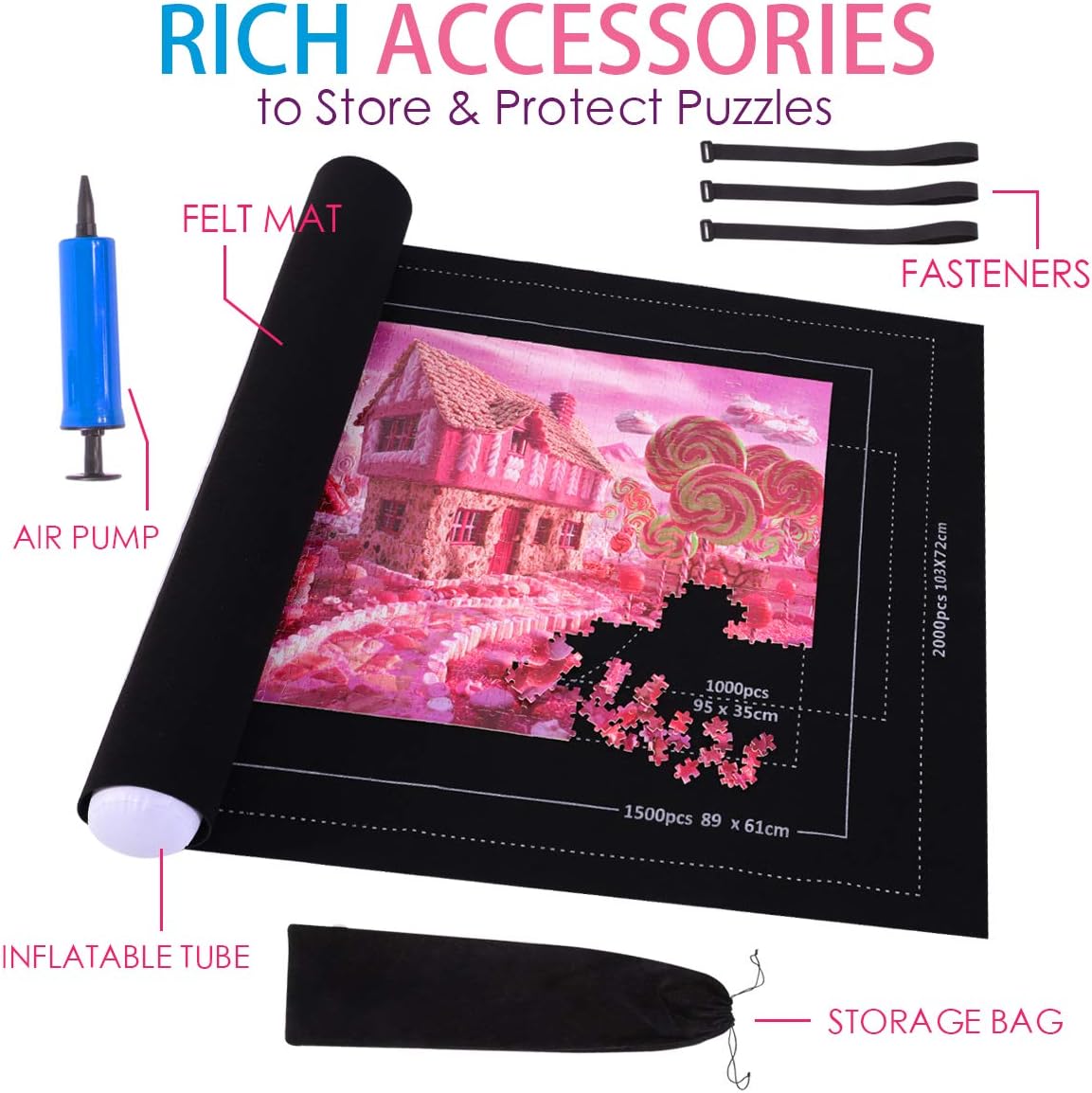 Puzzle Roll Up Mat, Large Jigsaw Puzzle Mat Roll Up 2000 1500 1000 500 Pieces, 46" X 32" Felt Mat Frame Line Puzzles Storage Keeper Mat Thick Puzzle Saver Mat Puzzle Accessories Kit : Toys & Games