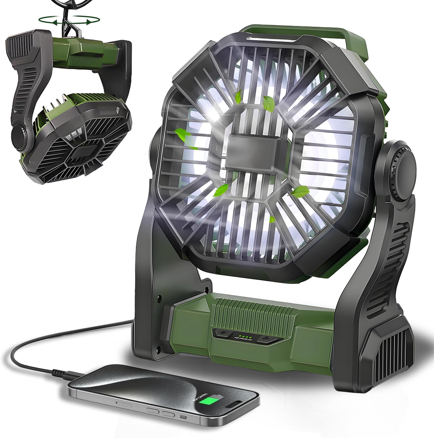 CONBOLA Portable Fan Rechargeable, 25400mAh Cordless Battery Powered Fan with LED Lantern, USB C Battery Operated for Travel Bedroom Home Camping Tent Office Beach Desk Fishing Table (Green)