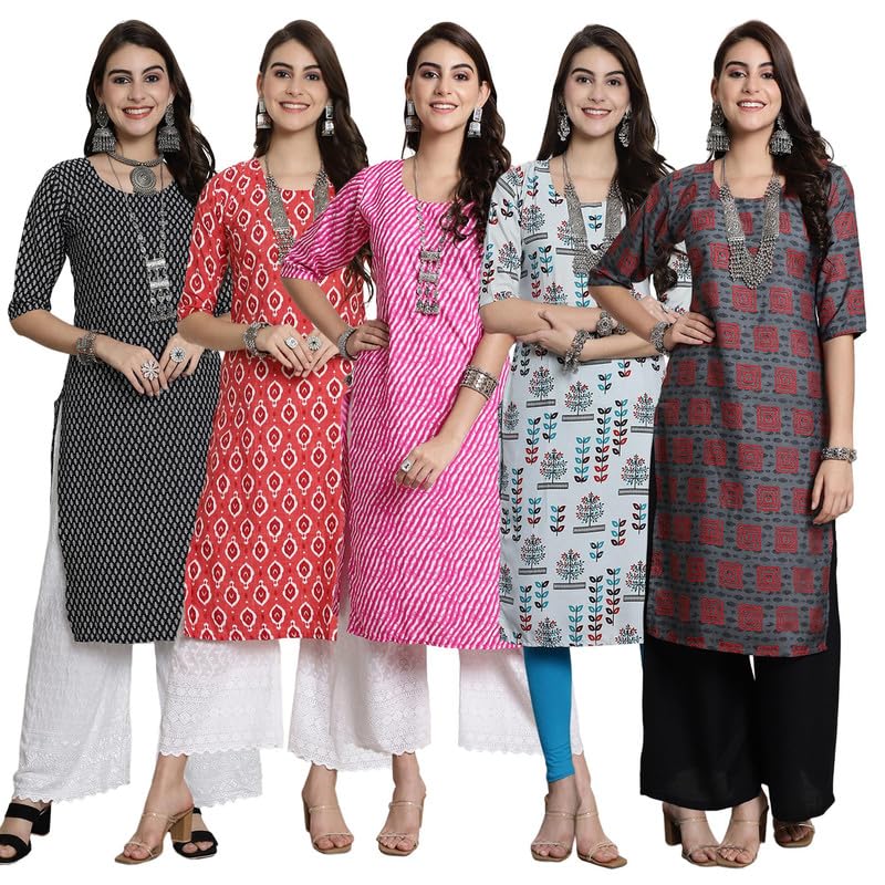 Pinkmint Women's Crepe Kurti For Women's Ethnic Printed Kurti For Women's (Pack Of 5)