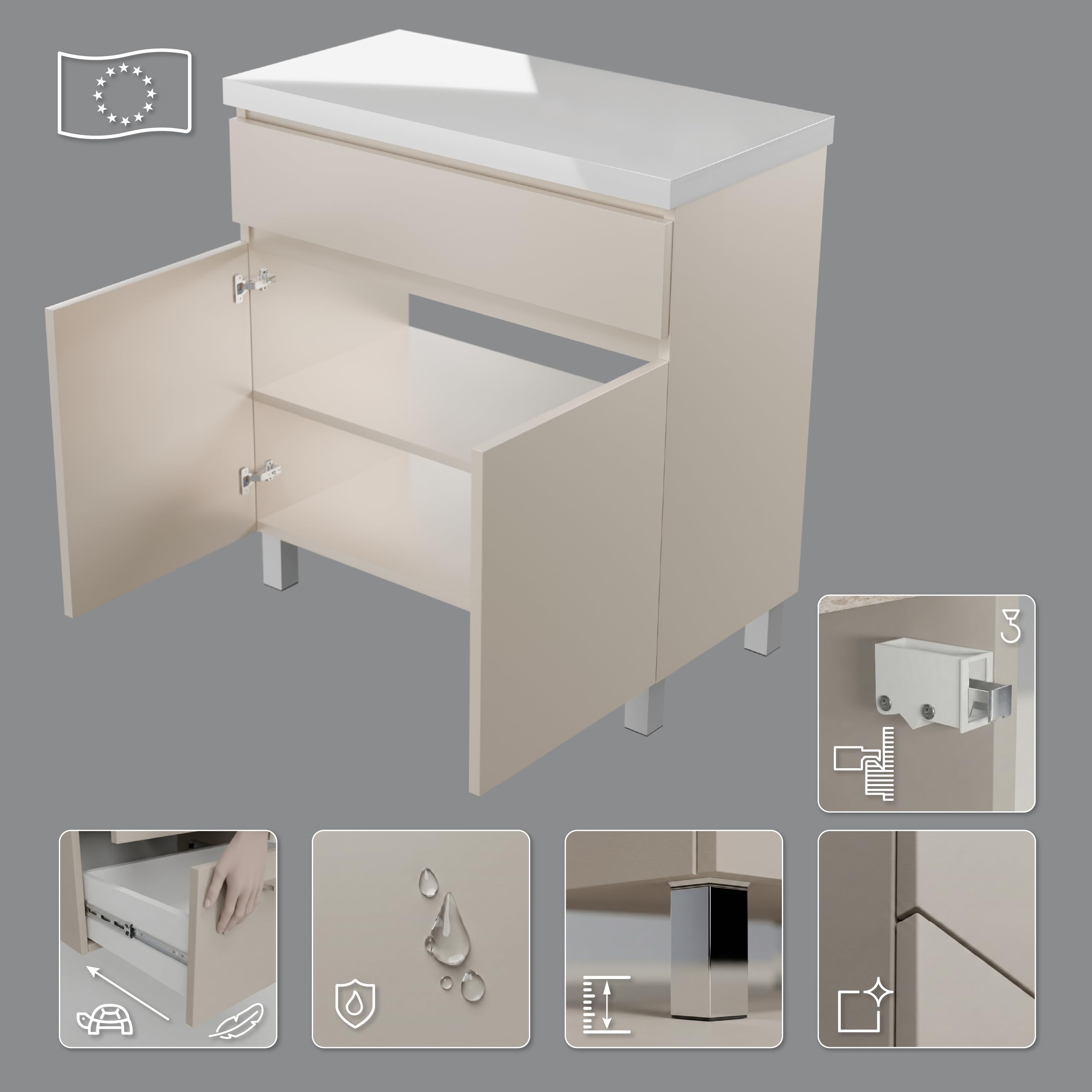 Mueble de baño Ariza Top, suspendido, 80 cm de Ancho, sin Lavabo, con cajón, para lavabos de sobre encimera - Cachemira Mate
