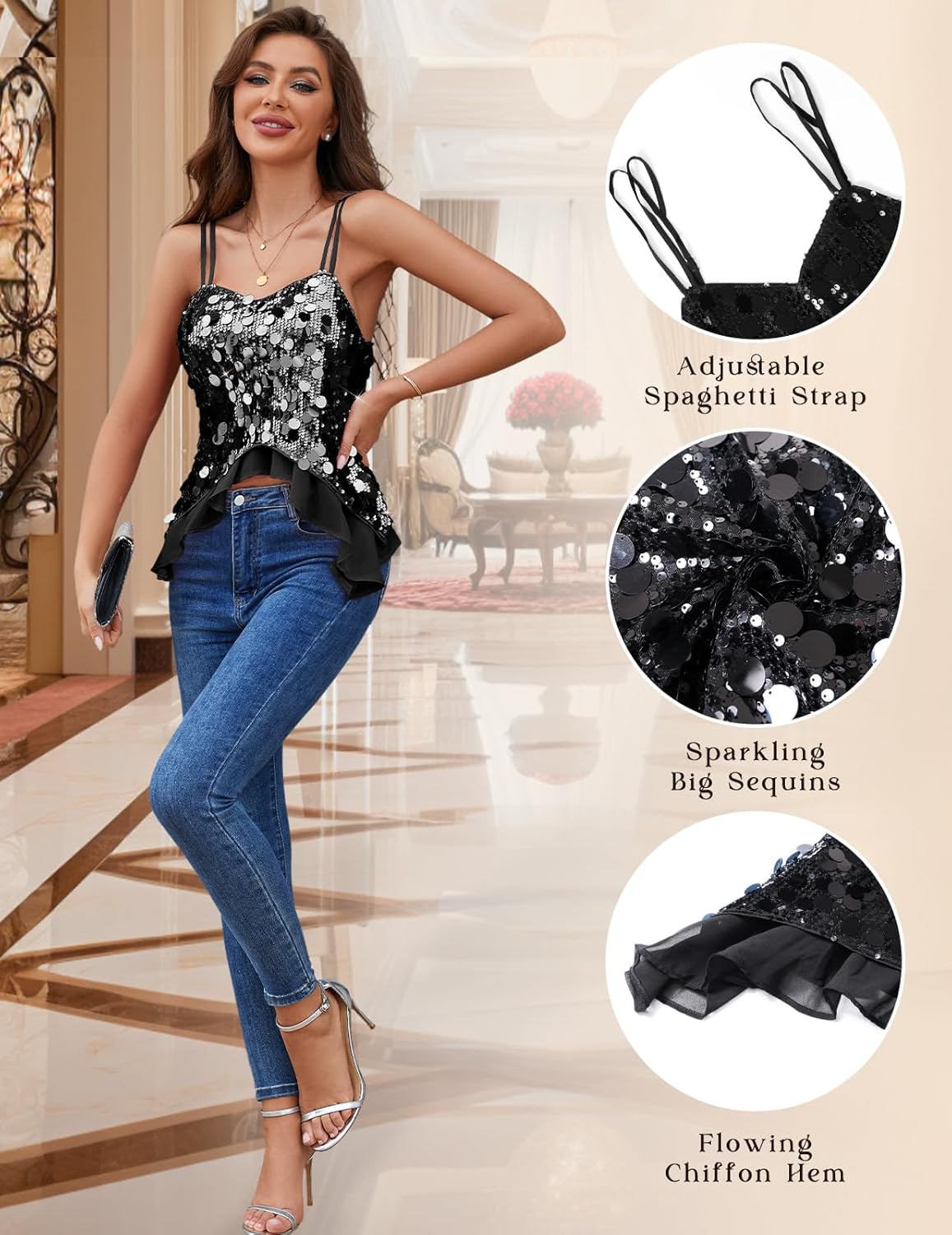 HomRain Women's Sexy Sequin Tops V Neck Strappy Casual Glitter Sparkly Camisole with Ruffle Party Sleeveless Tank Tops - Image 4