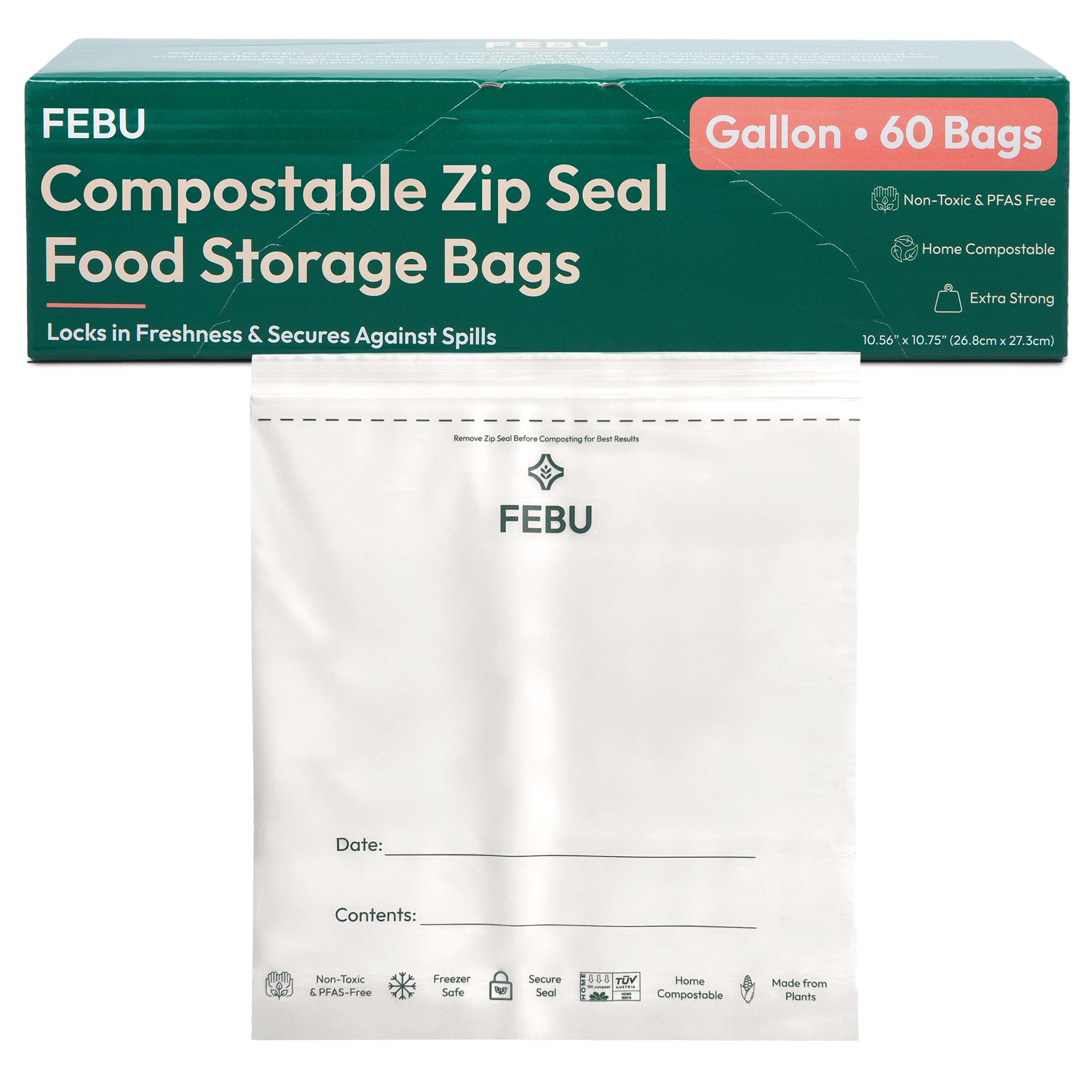 FEBU Gallon Compostable Food Storage Bags, 60 Count
