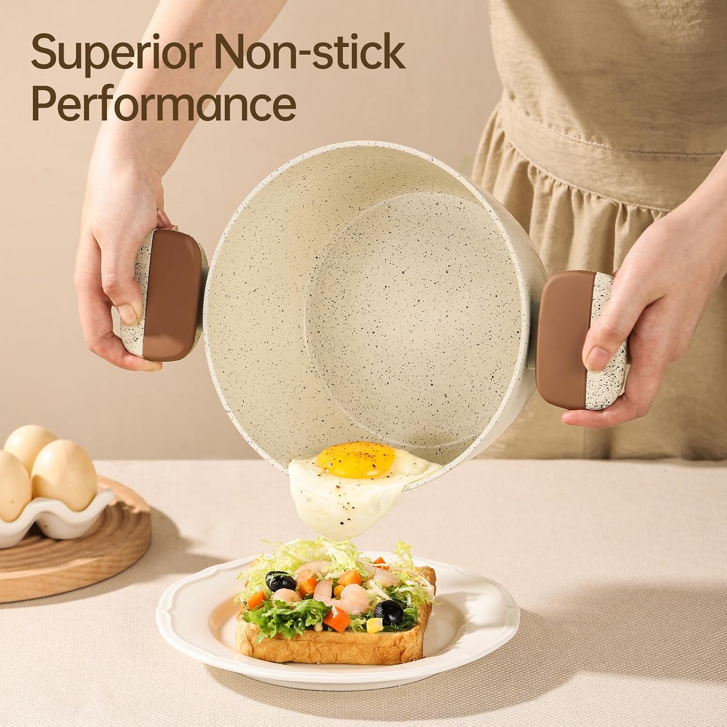 MsMk 3.5 QT Ceramic Nonstick Saucepan with Lid, Beige Induction Cooking Pot