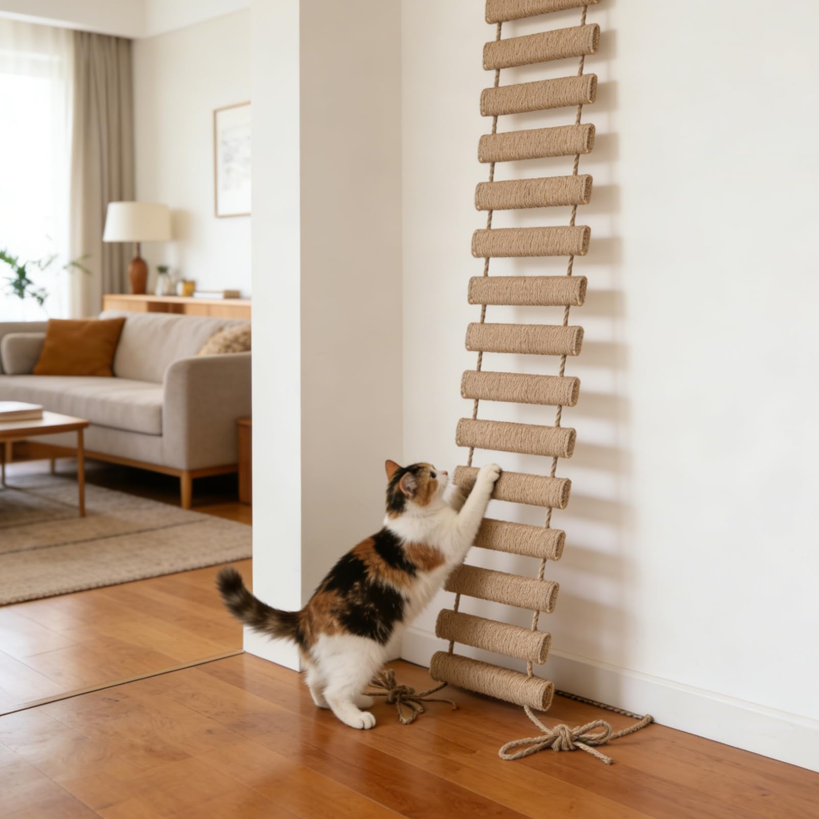 Katzenleiter 150 cm, Katzenleiterbrücke aus Holz & Sisalseil, Klettergerüst für Katzen, Aktivitätskratzbaum, Hängematte, Katzentreppe für Wand, Haustiermöbel, Khaki