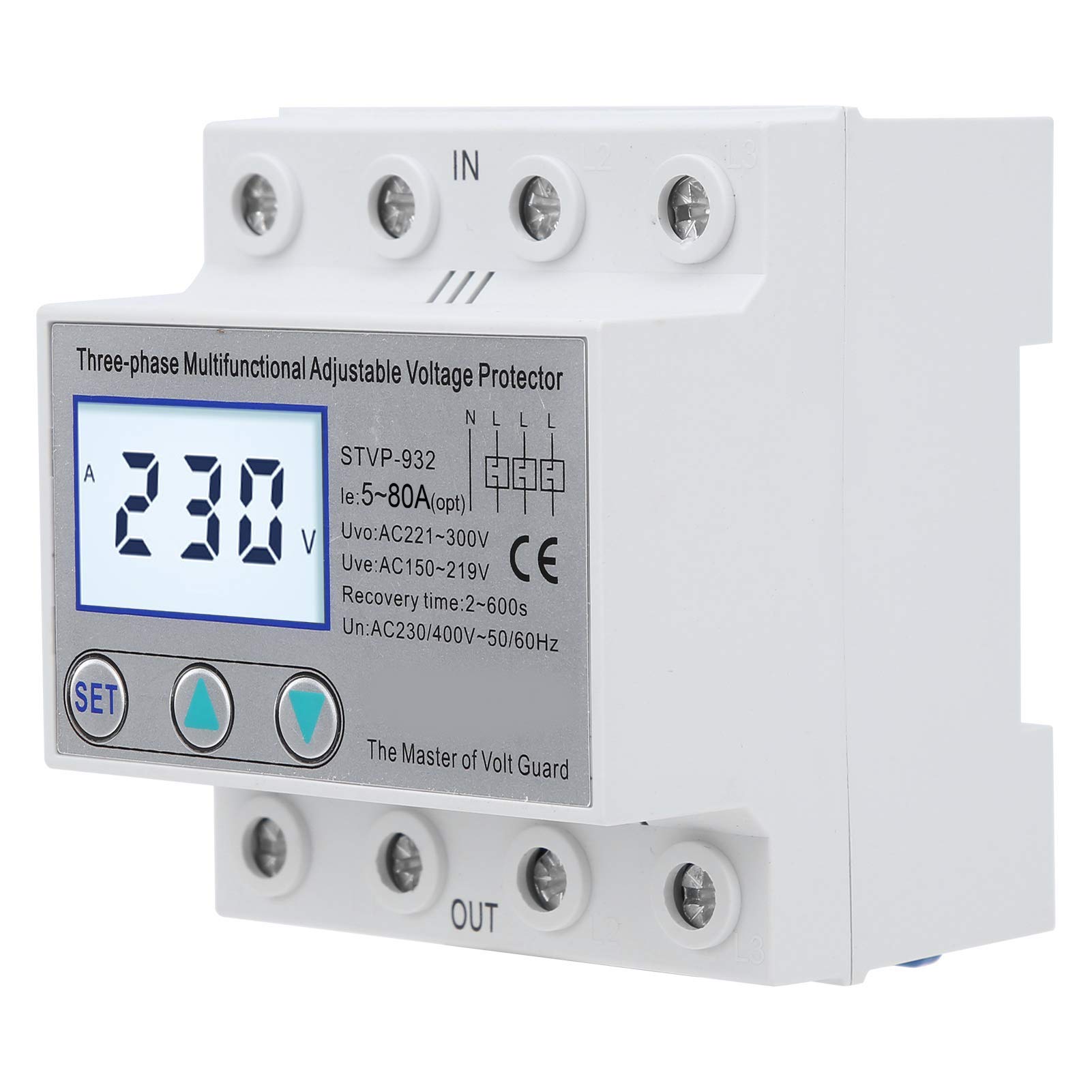 Stabilizzatore di Tensione Trifase Regolabile con Protezione di Tensione e Ripristino Automatico, Display LCD, 63A - Relè di Protezione di Tensione per Uso Industriale e Domestico
