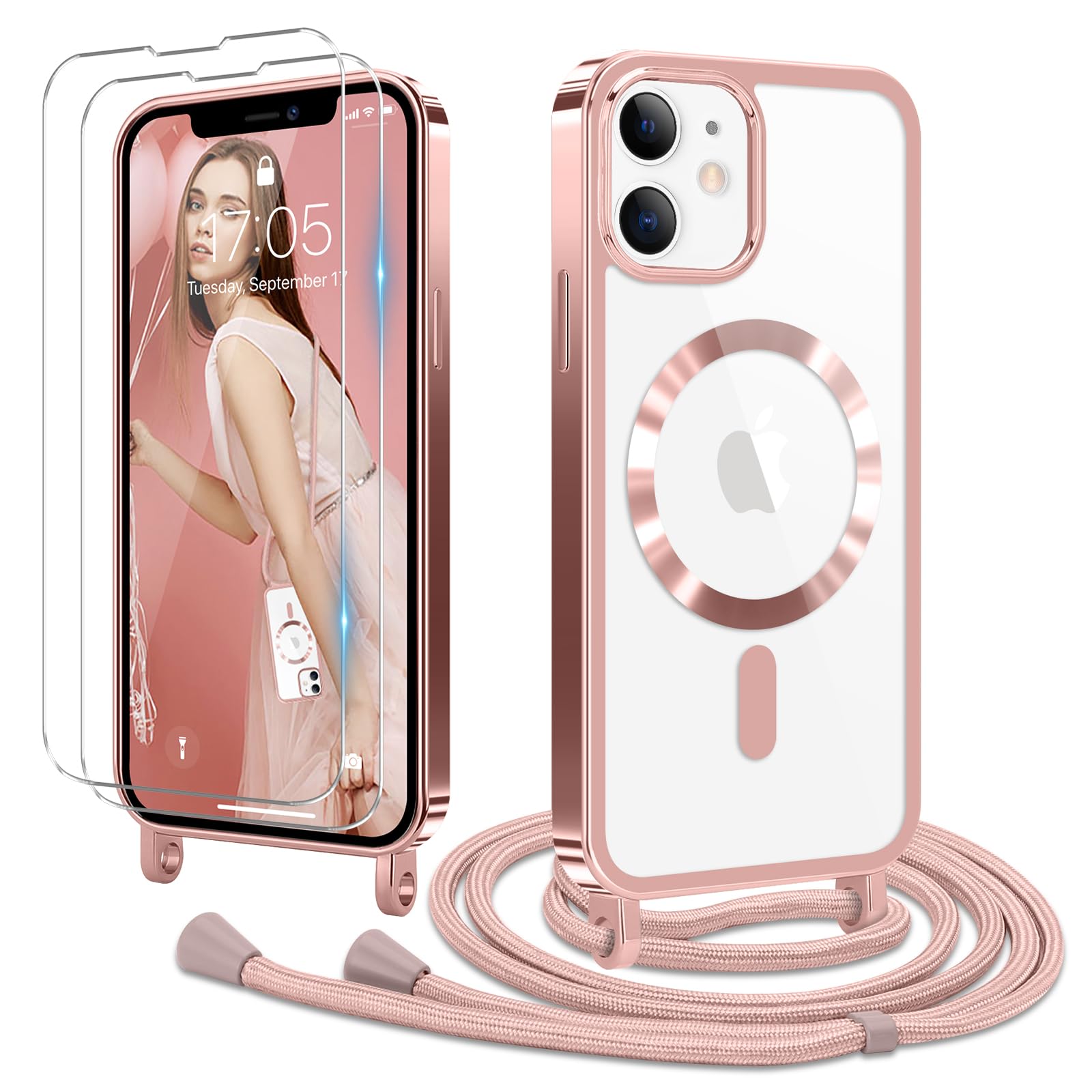 Coiwxmoi Telefoonband Telefoonhoes voor iPhone 17 Pro Hoes met Band, [Compatibel met MagSafe] Magnetische Ketting Siliconen Hoes met Verstelbaar Afneembaar Koord om Om te Hangen Schokbestendige