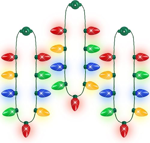 3 collares de Navidad iluminados, collar de bombilla de Navidad, recuerdos de fiesta de luz, collar de Navidad rojo, amarillo, azul, verde,