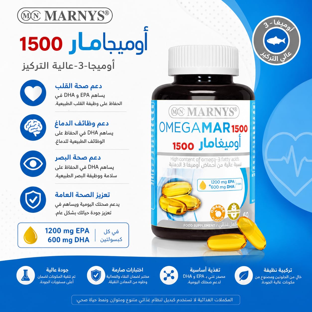 MARNYS Omegamar 1500 Fish Oil 60 Capsules, High-Strength Omega-3 with EPA & DHA plus Vitamin E, Marine Fatty Acid Food Supplement for Adults, Heart-Healthy Diet & Daily Wellbeing