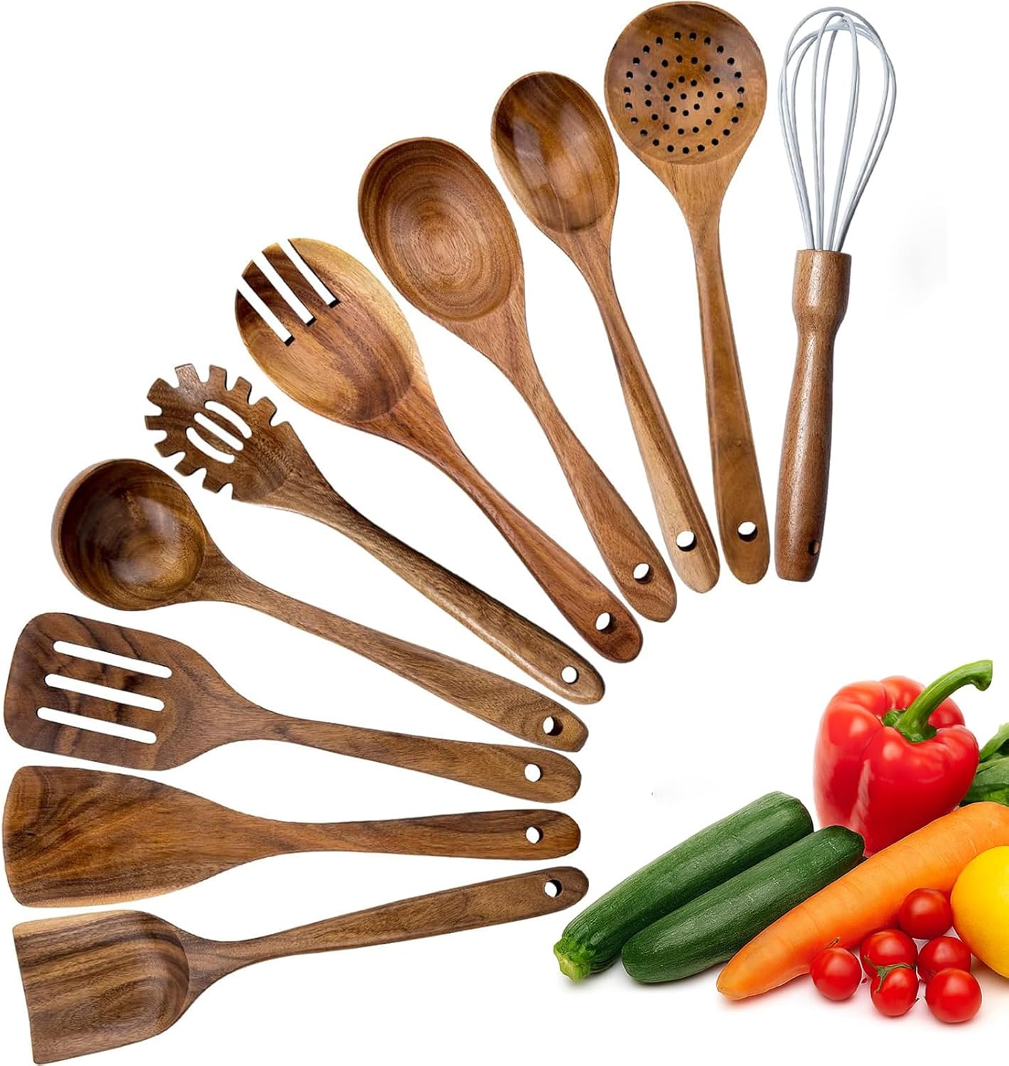 Wooden Cooking Utensils Set, 10-Piece Teak Wood Kitchen Tools with Soup Ladle, Serving Spoon, Salad Server, Pasta Server – Non-Stick Safe (10PCS teak wood cooking spoons)