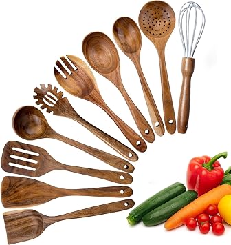 Wooden Cooking Utensils Set, 10-Piece Teak Wood Kitchen Tools with Soup Ladle, Serving Spoon, Salad Server, Pasta Server   Non-Stick Safe 10PCS teak wood cooking spoons