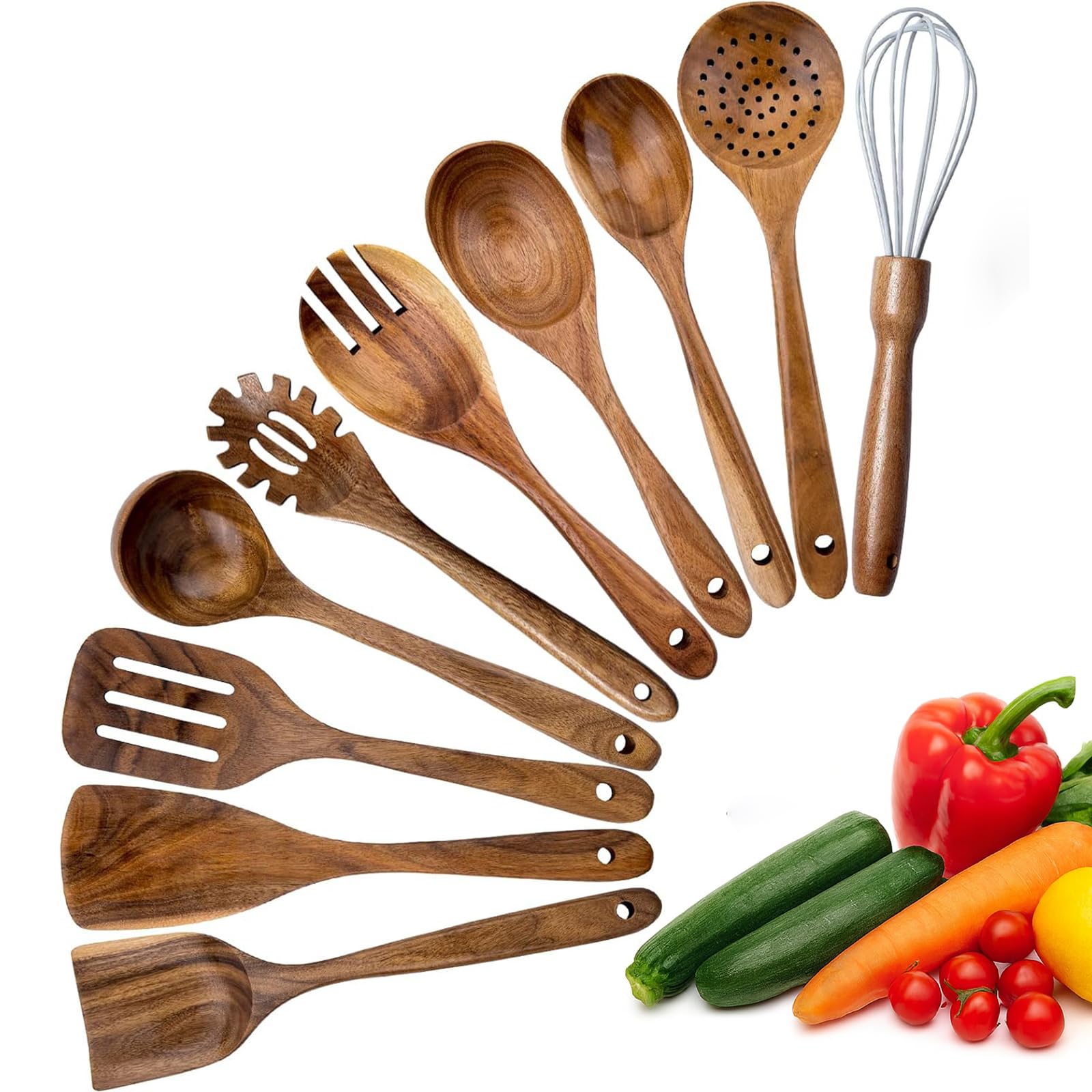 Kochutensilien-Set aus Holz, 10-teiliges Teakholz-Küchenwerkzeug mit Suppenkelle, Servierlöffel, Salatbesteck und Pasta-Servierer, antihaftbeschichtet, sicher (10 Stück Teakholz-Kochlöffel)