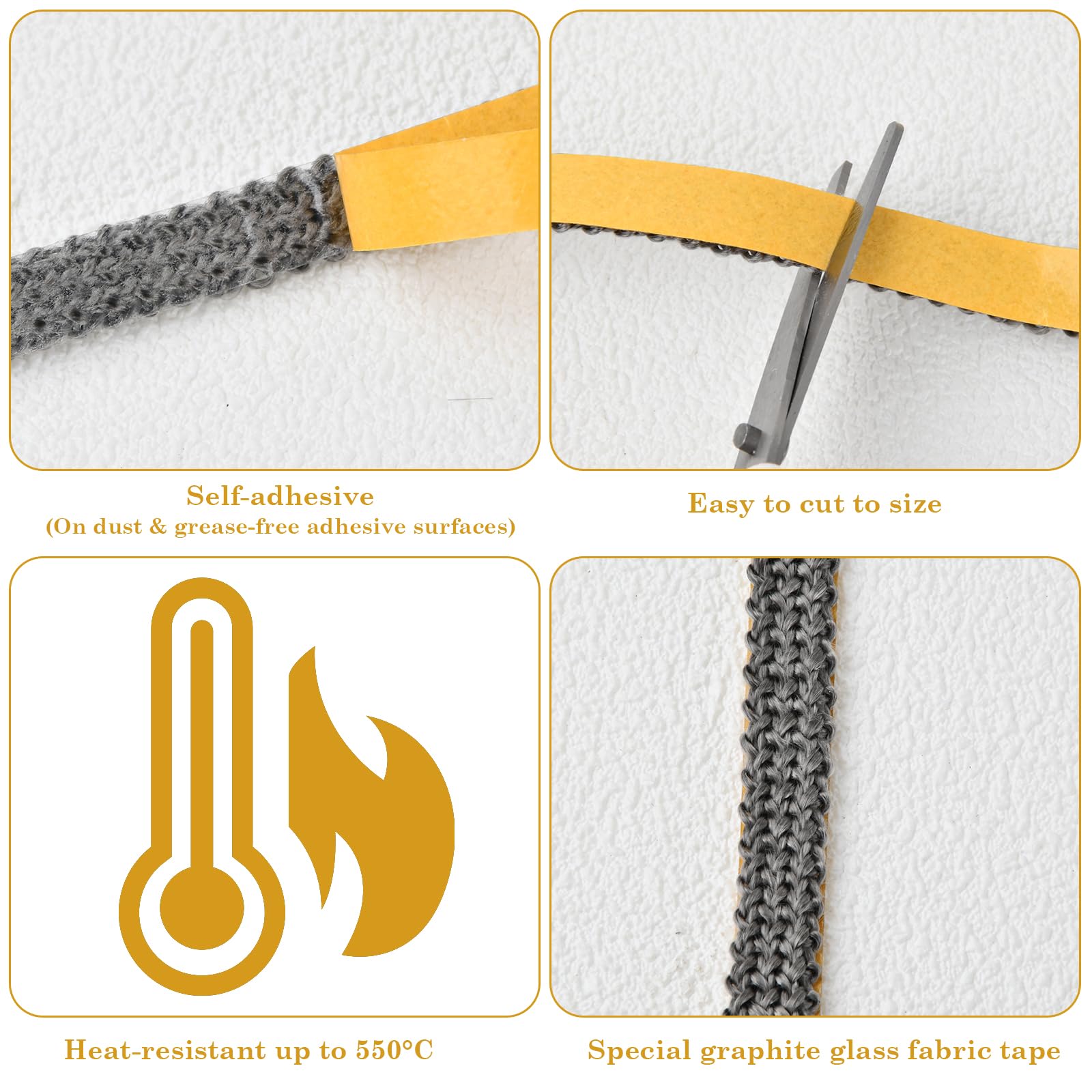 Guarnizione Stufa a Legna, Corda Ermetico Autoadesivo, Triscia Sigillante Resistente al Calore, Guarnizione Forno, Autoadesiva, per Caminetto e Affumicatore Caminetti e Stufe (3mm×10mm×3m)