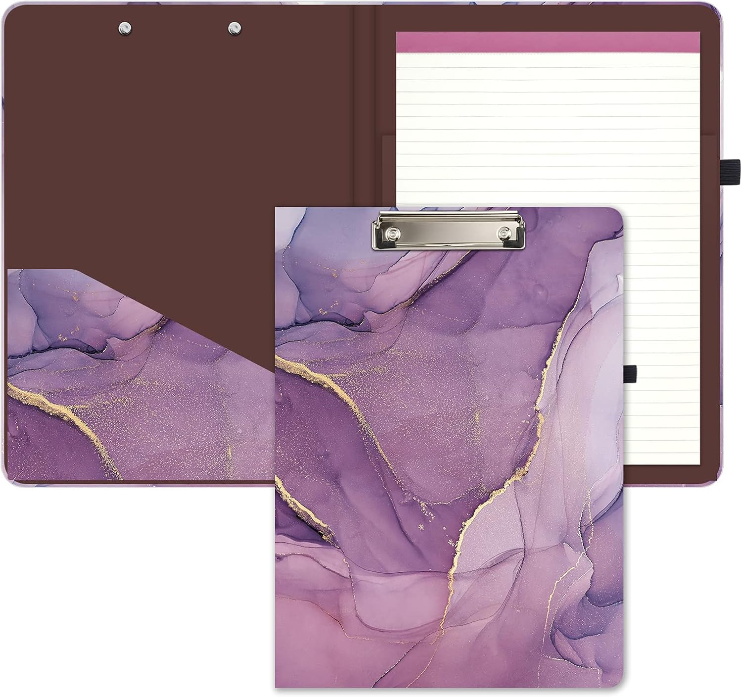 Hongri Clipboard Folio with Refillable Lined Notepad and Interior Storage Pocket for Students, Classroom, Office, Women, Man, Cute Custom Pattern, Size 12.8 x 9.2 in, Purple Line