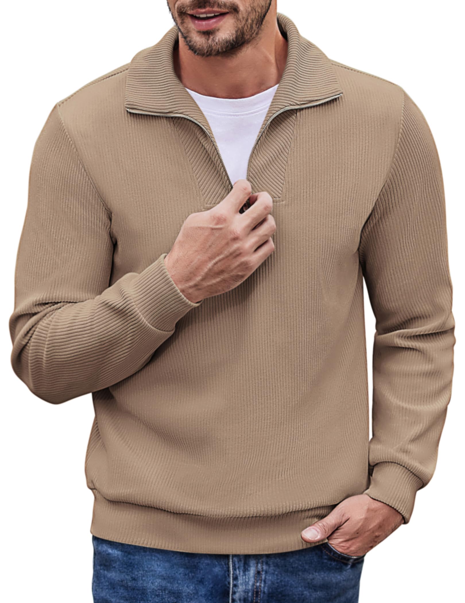 COOFANDYMen's Quarter Zip Up Pullover Mock Neck Long Sleeve Sweater Casual Corduroy Polo Sweatshirt