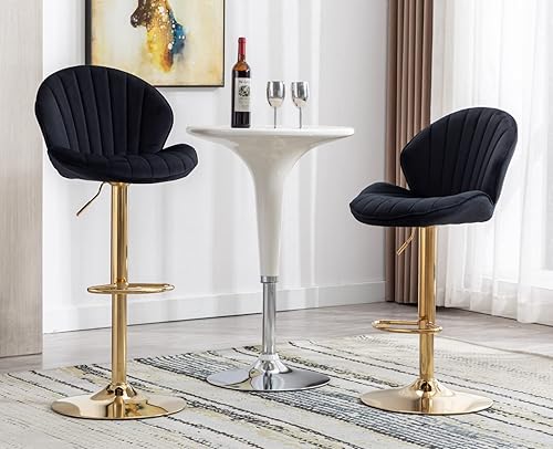 Miniatura 39 de Juego de 2 taburetes de bar giratorios modernos de terciopelo, de altura ajustable, sillas de bar con respaldo de concha, taburetes de isla de Cuero