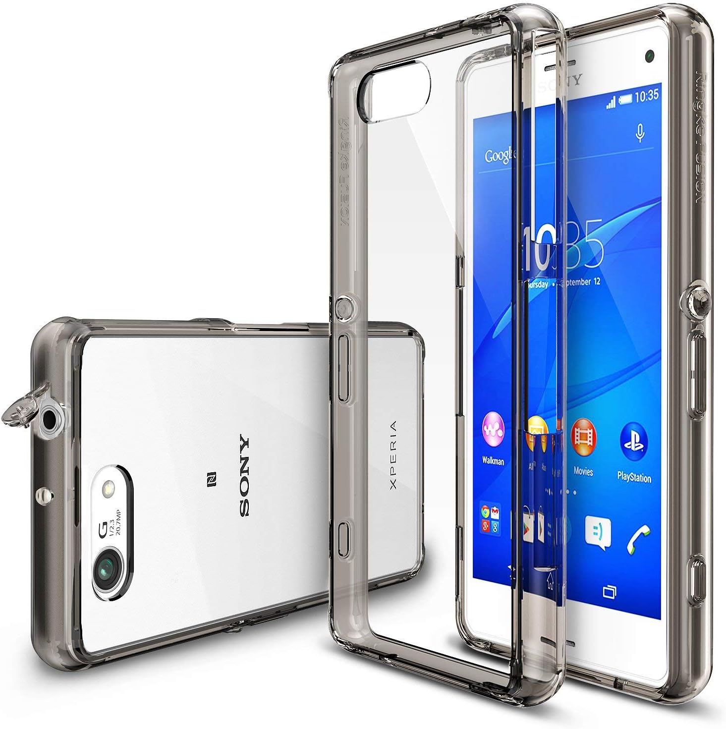 Ringke Fusion Compatible with Xperia Z3 Compact Case Crystal Clear PC Back TPU Bumper with Screen Protector Drop Protection, Shock Absorption Technology Attached Dust Cap - Smoke Black